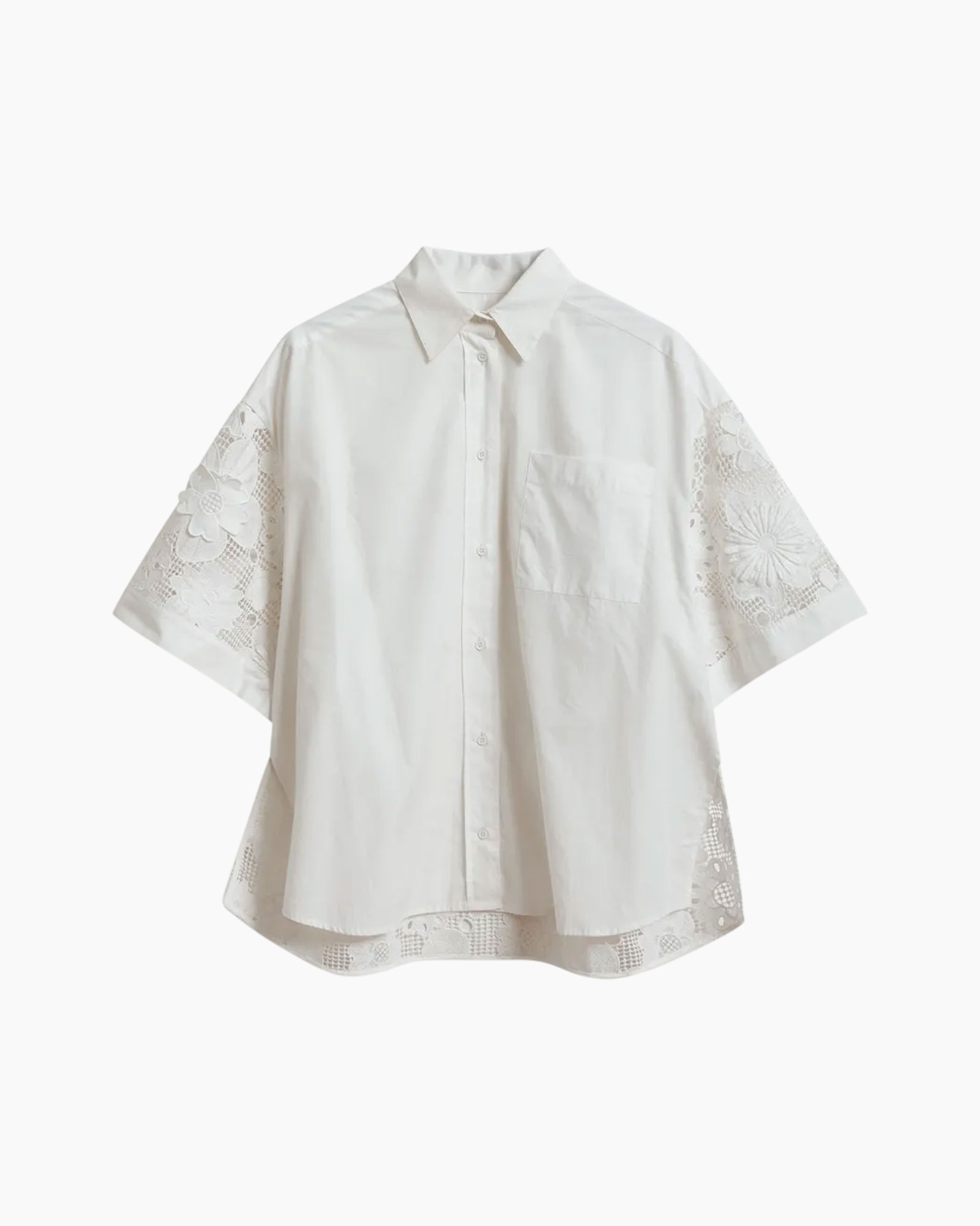 white shirt, short-sleeve, lace detailing, button-down, front pocket