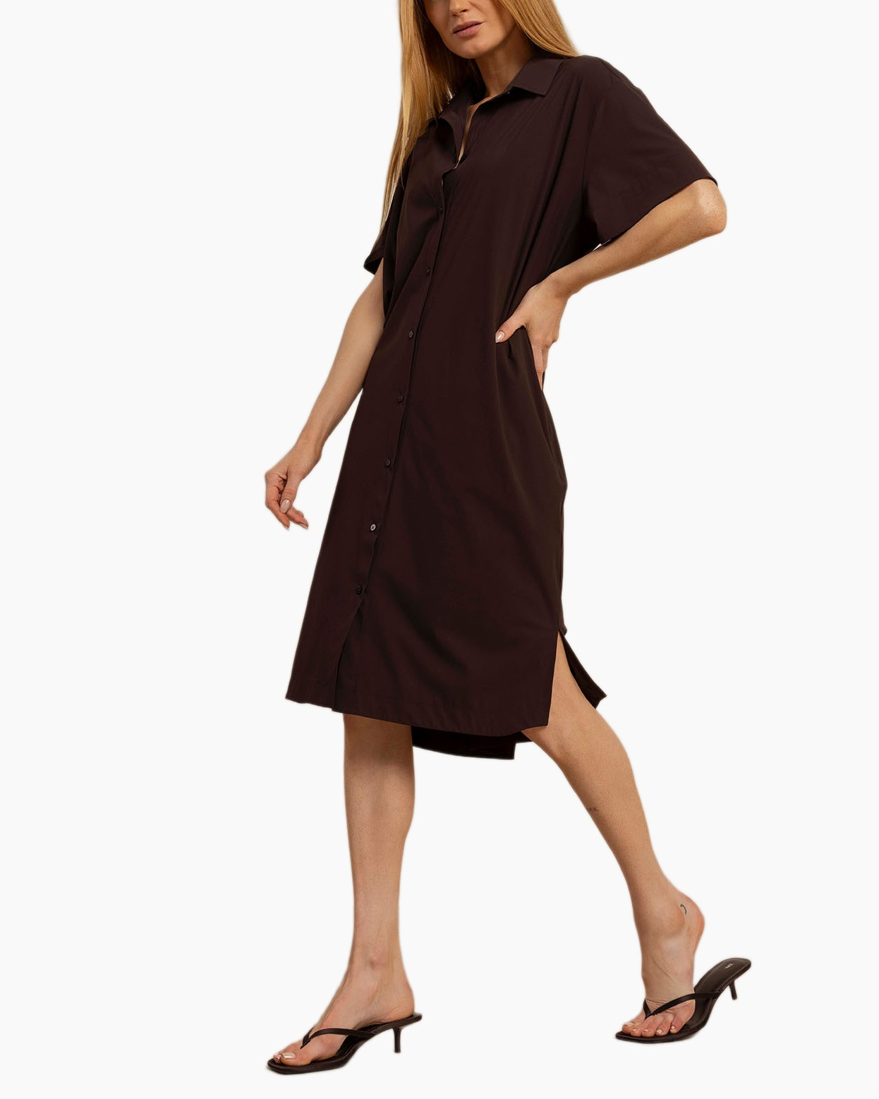 shirt dress, short sleeves, button front, knee-length, brown