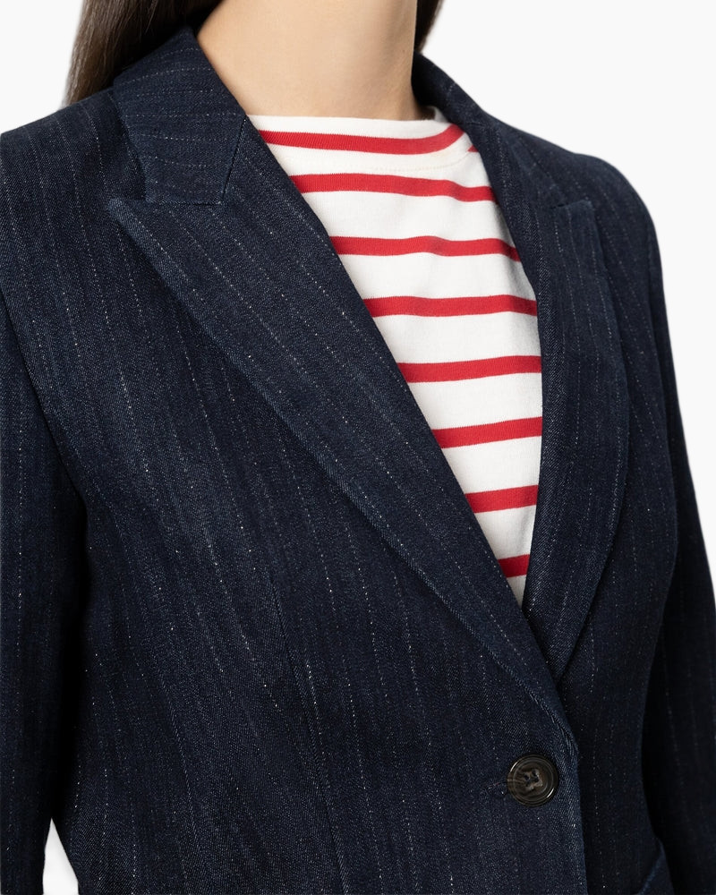 blazer, denim, pinstripe, single-breasted, buttoned