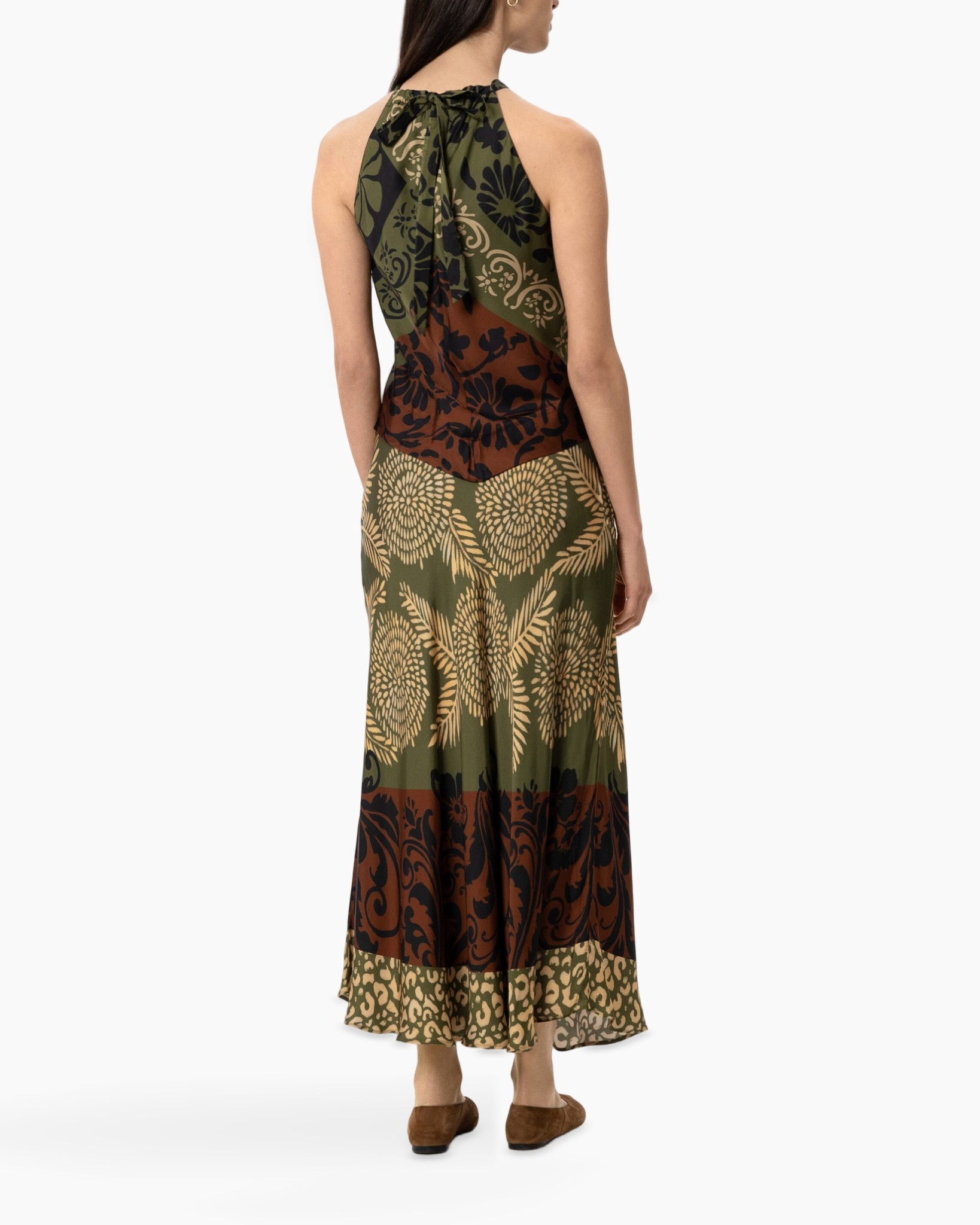 maxi dress, halter neck, patterned dress, floral pattern, olive green