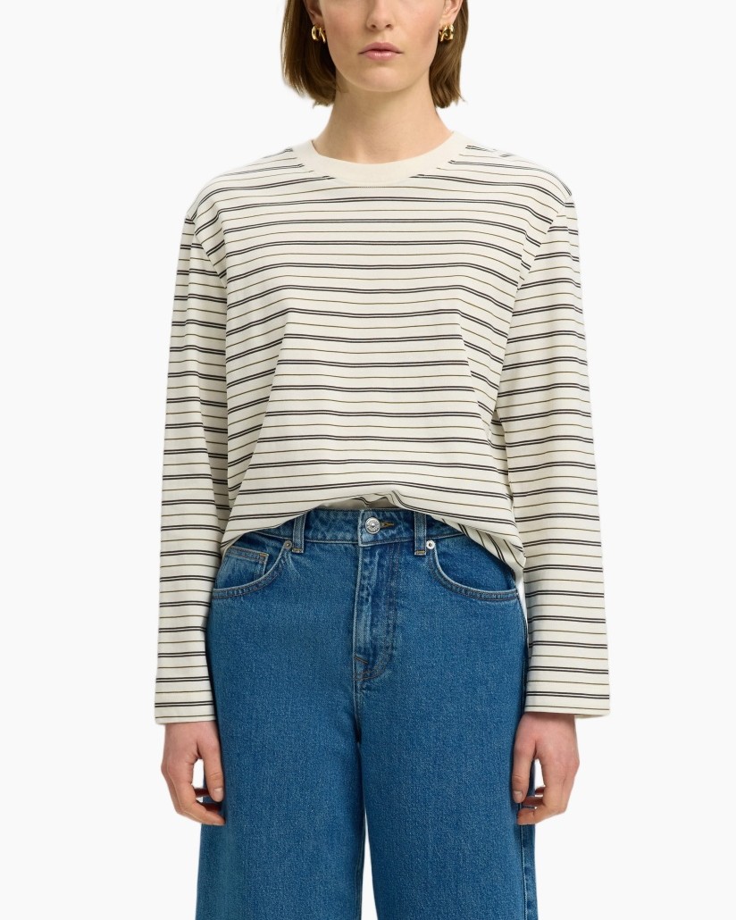 striped, long-sleeve, crew-neck, linen, jeans