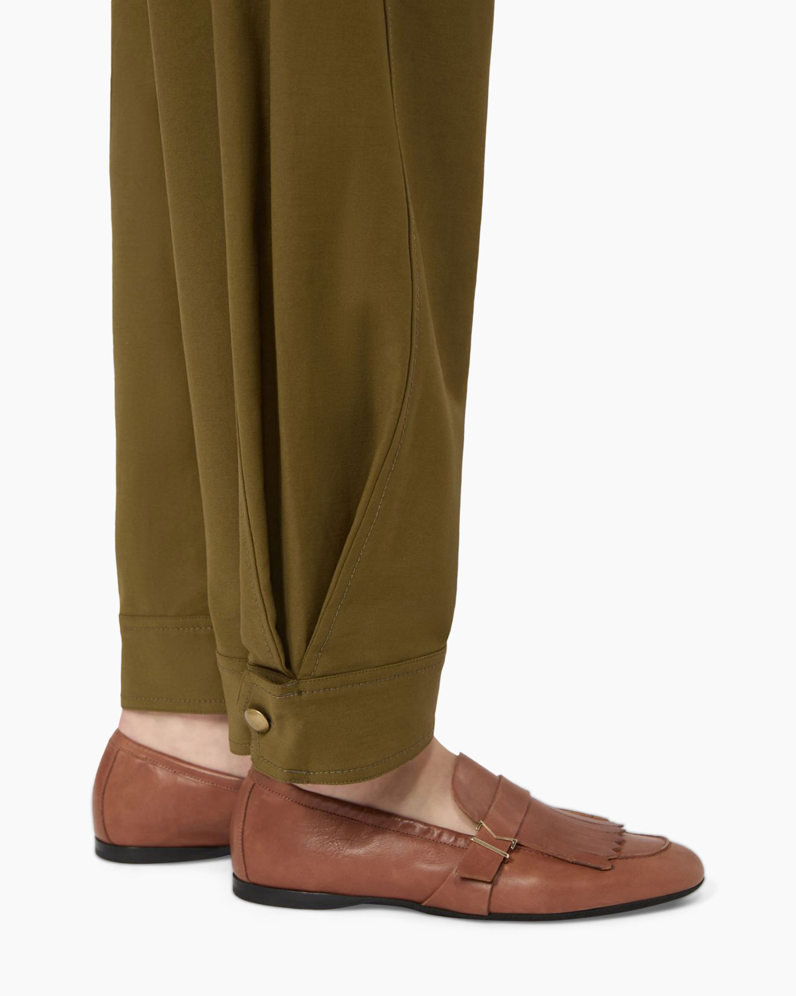 khaki pants, ankle-length, slim fit, buttoned cuff, loafer shoes