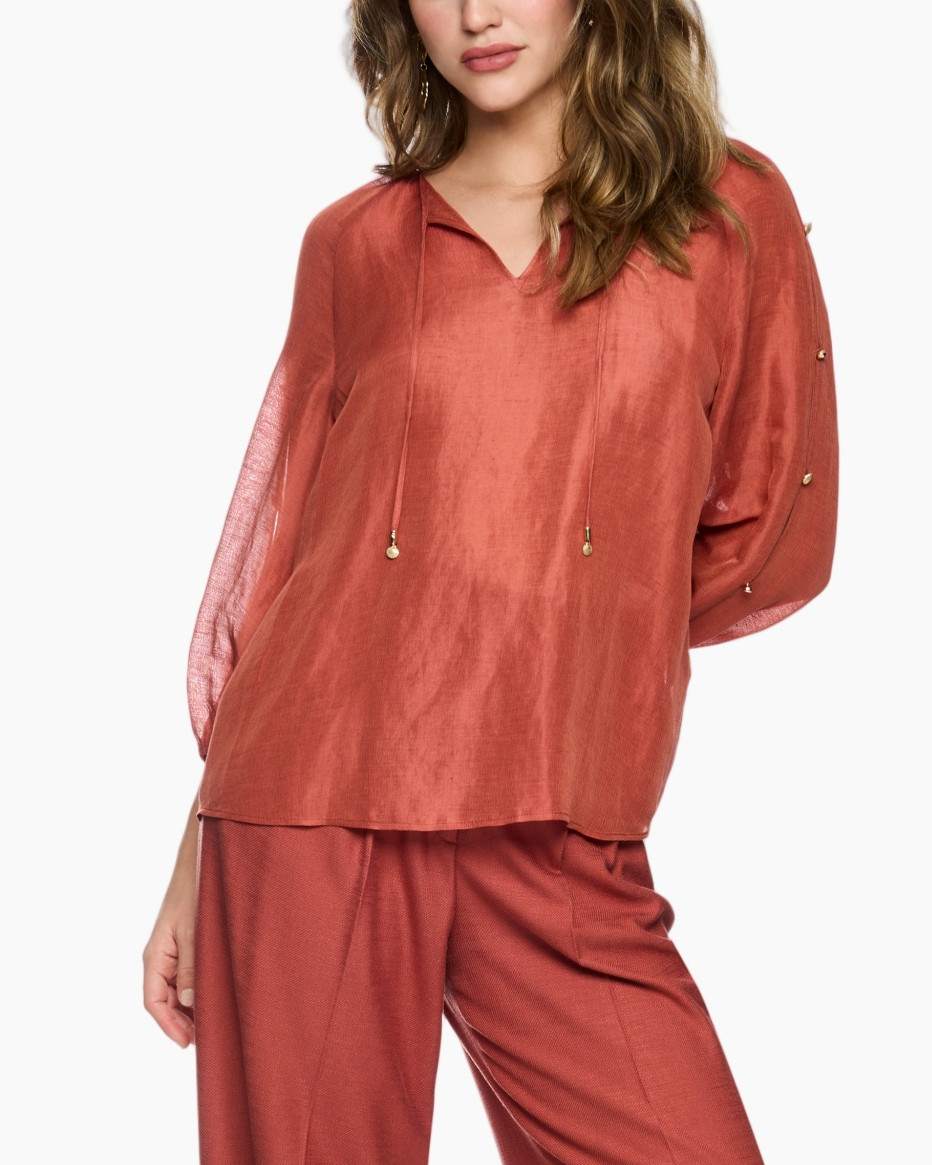 loose blouse, linen-like, drawstring, long-sleeve, rust color