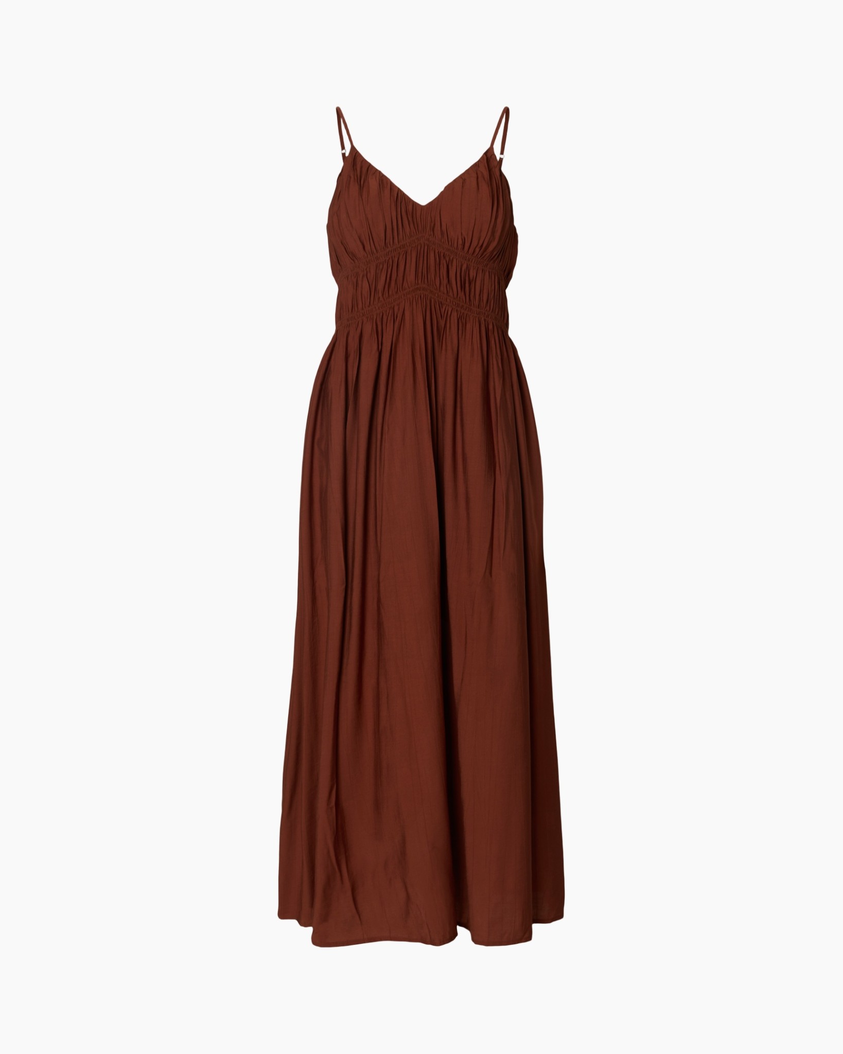 dress, maxi dress, spaghetti straps, brown, ruched bodice
