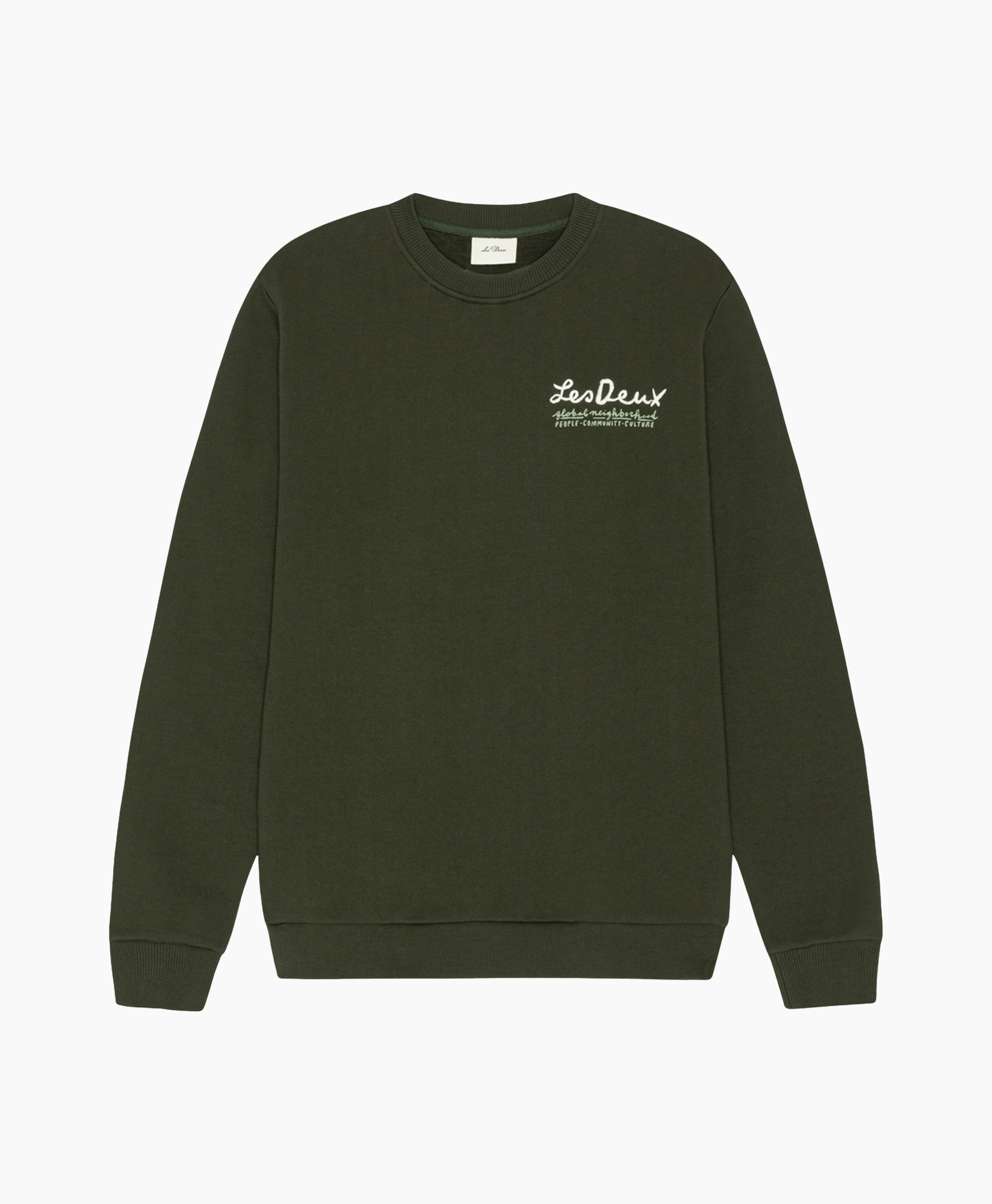 sweatshirt, olive green, long sleeve, crew neck, small logo
