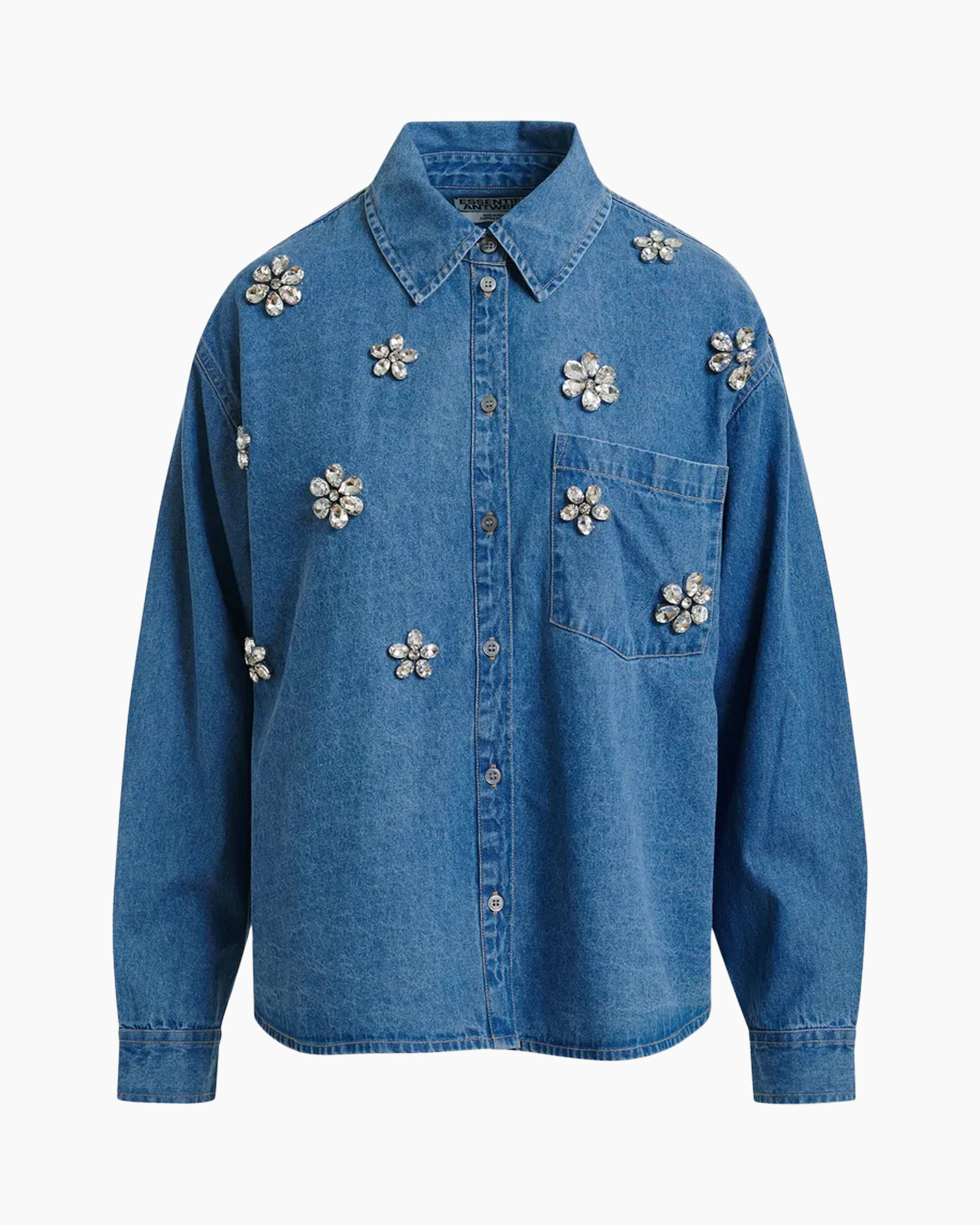 denim shirt, jeans shirt, jean top, embellished, floral rhinestones