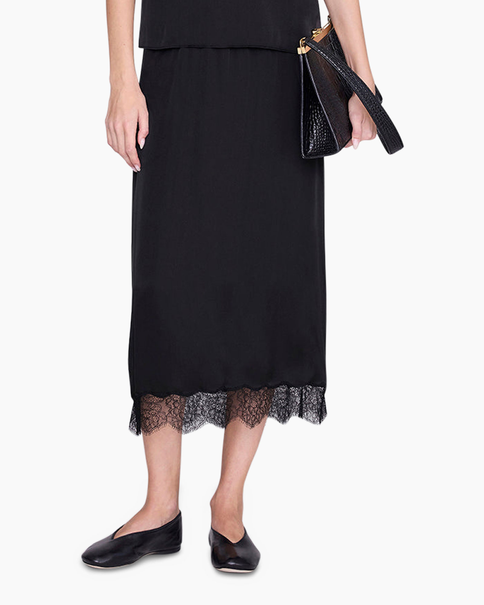 black, mid-length, lace hem, pocket clutch, flat shoes