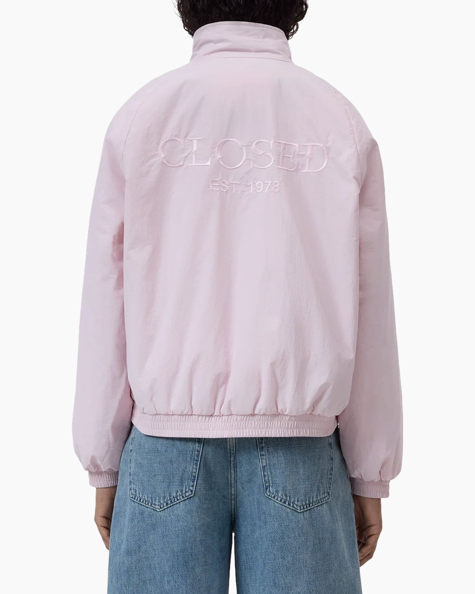 pink jacket, windbreaker, embroidery, back logo, elastic hem