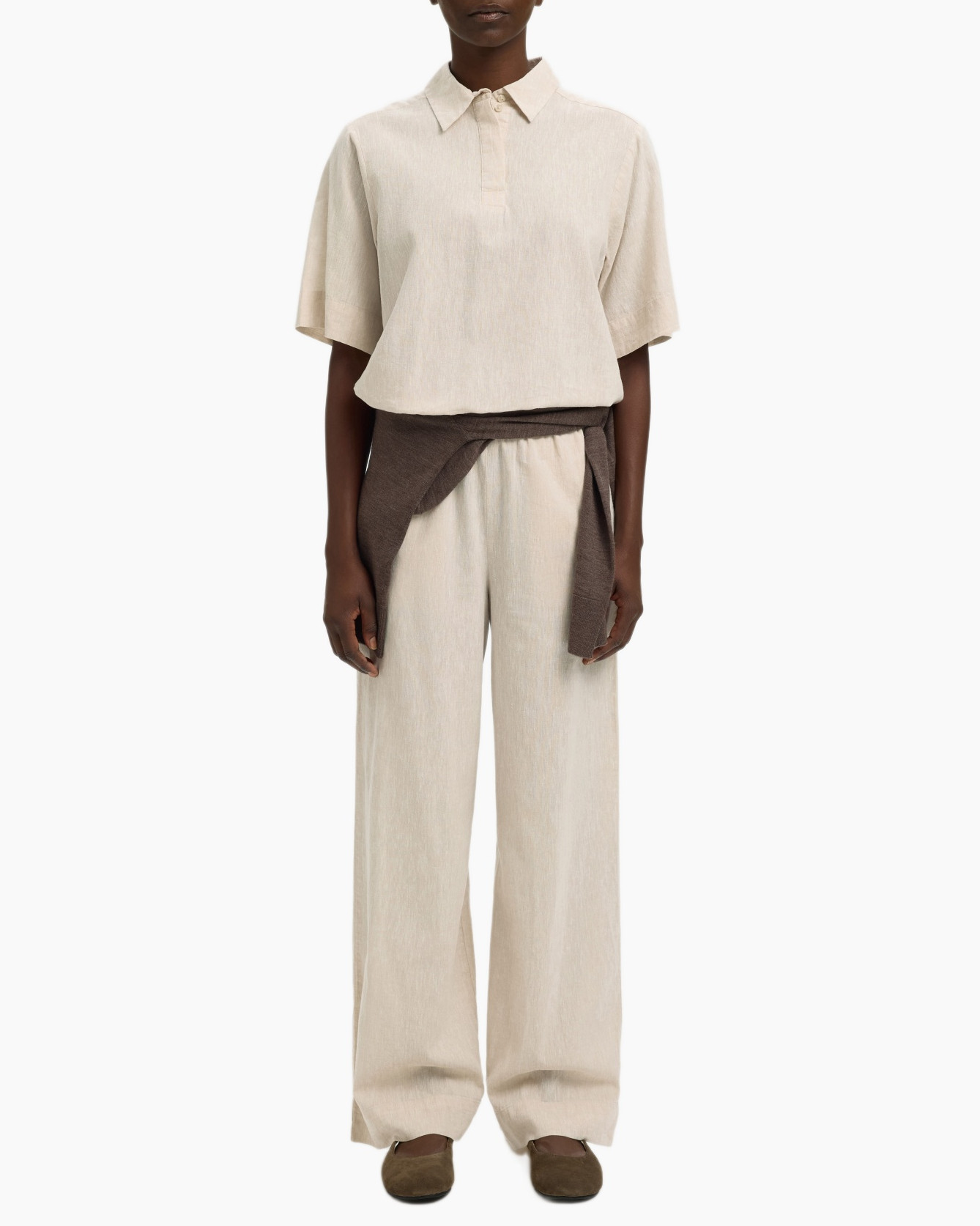 linen, beige, polo shirt, wide-leg, belted sash