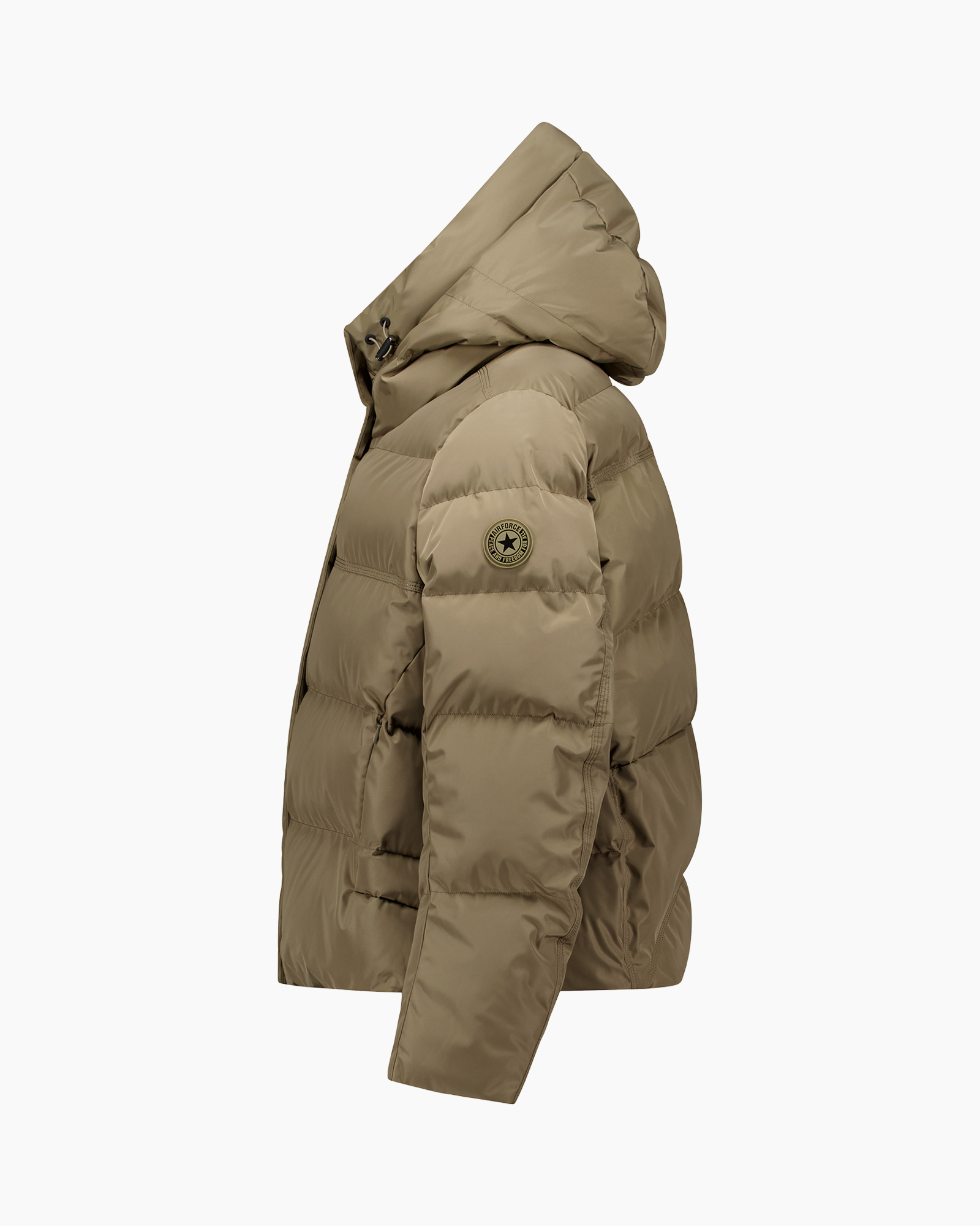 puffer jacket, hooded, beige, down, patch logo
