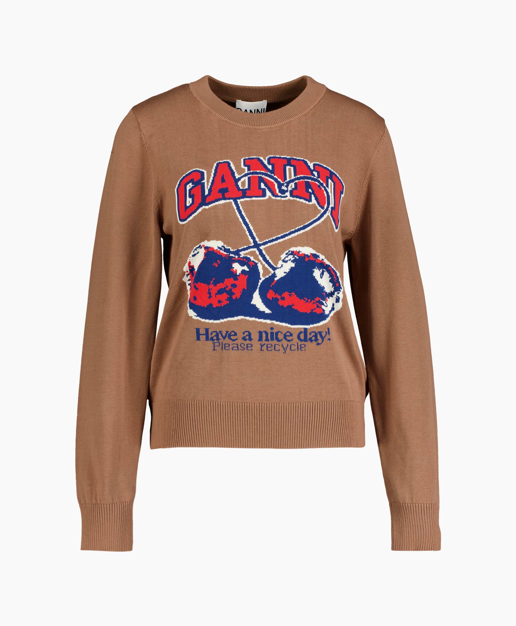 sweater, crew neck, graphic, brown, print