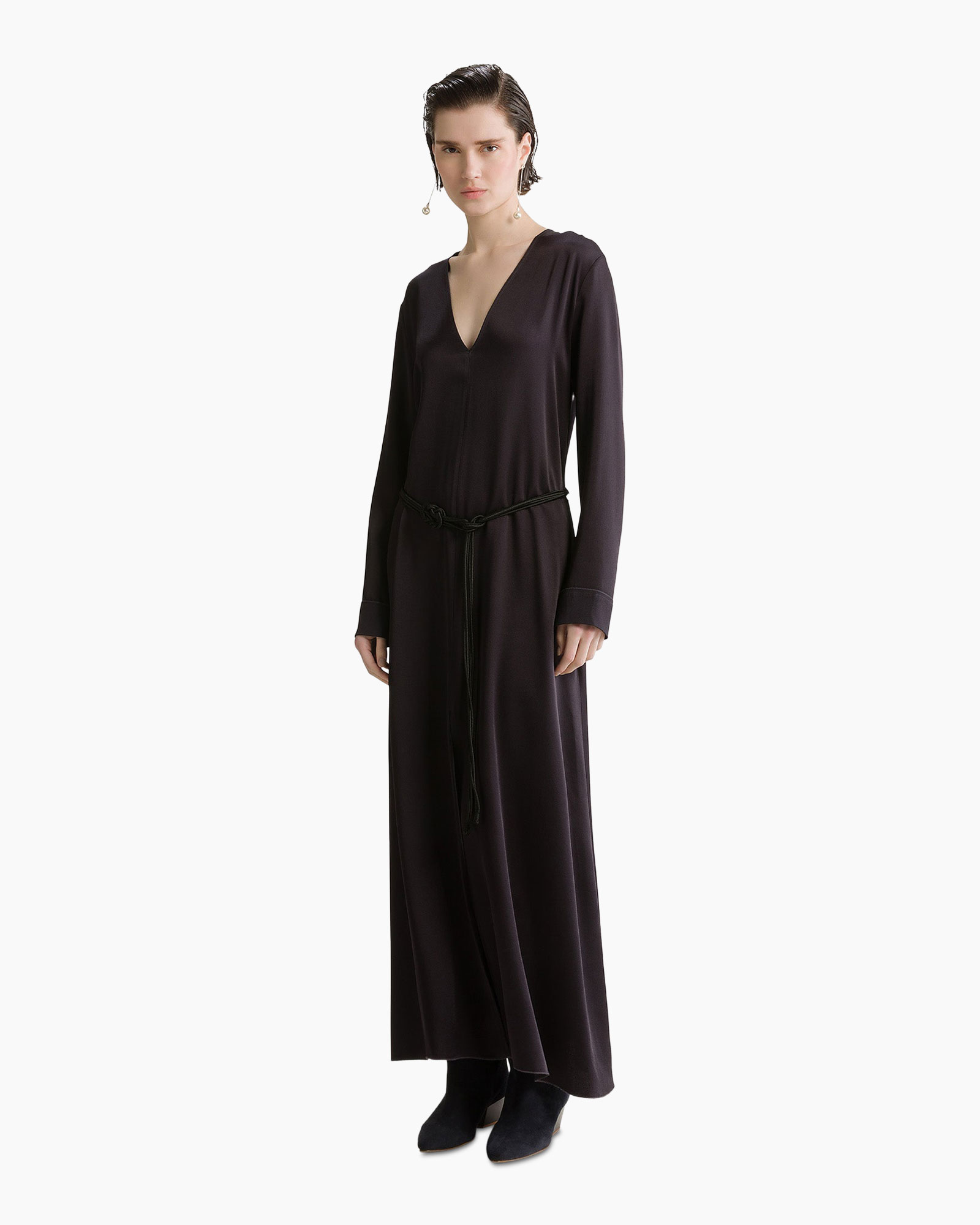 dress, maxi, long-sleeve, v-neck, belted