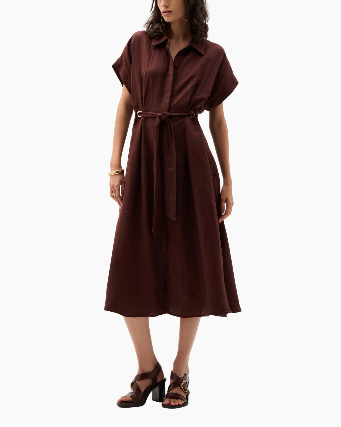 dress, maxi dress, belted, short sleeves, brown