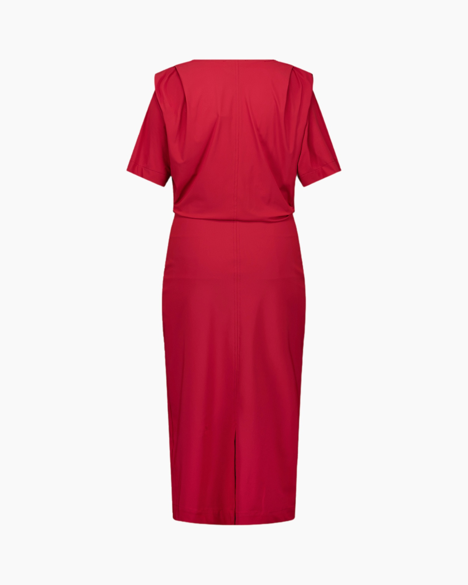 dress, red, knee-length, short-sleeve, v-neck
