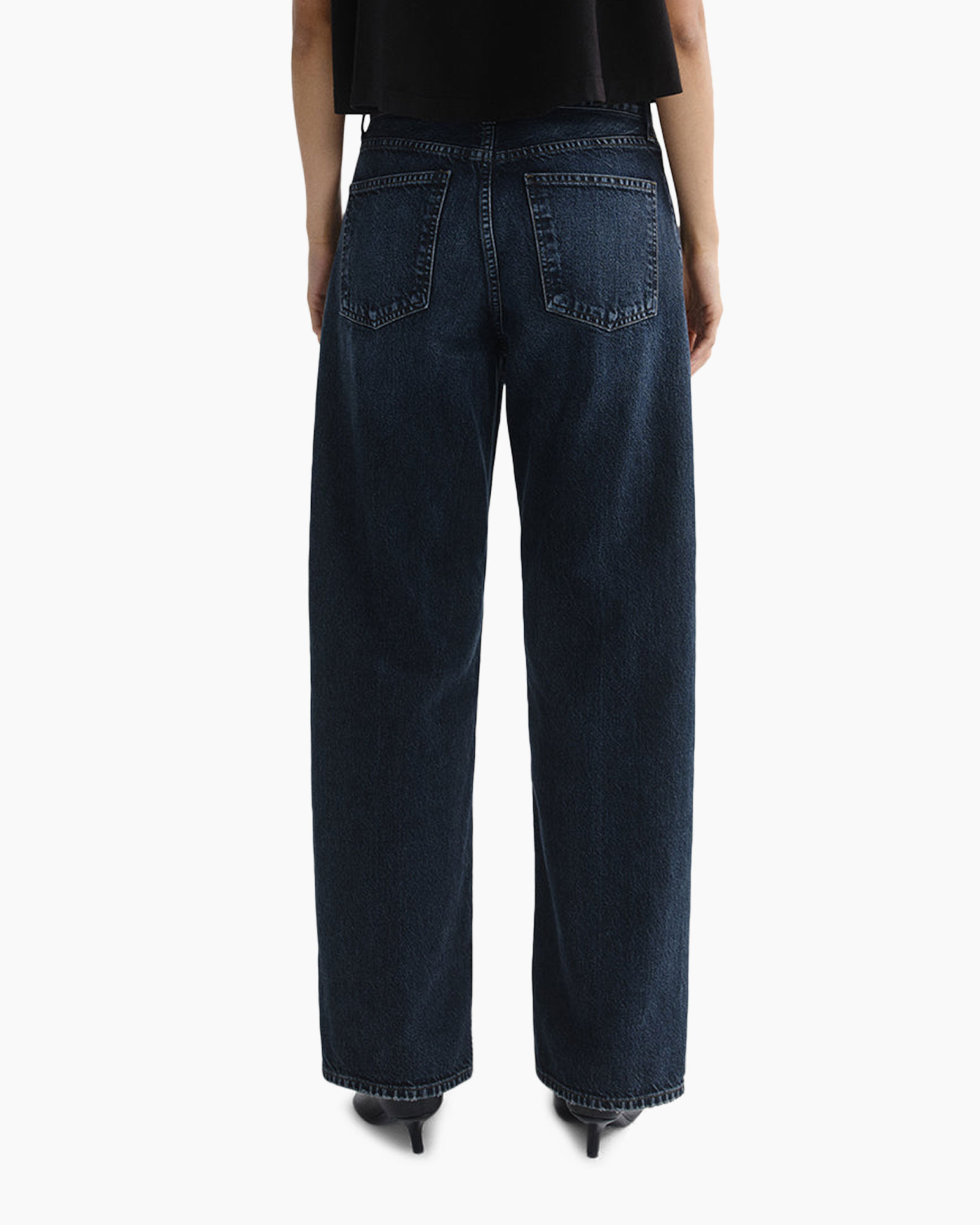 denim jeans, wide-leg, dark wash, pockets, heel shoes