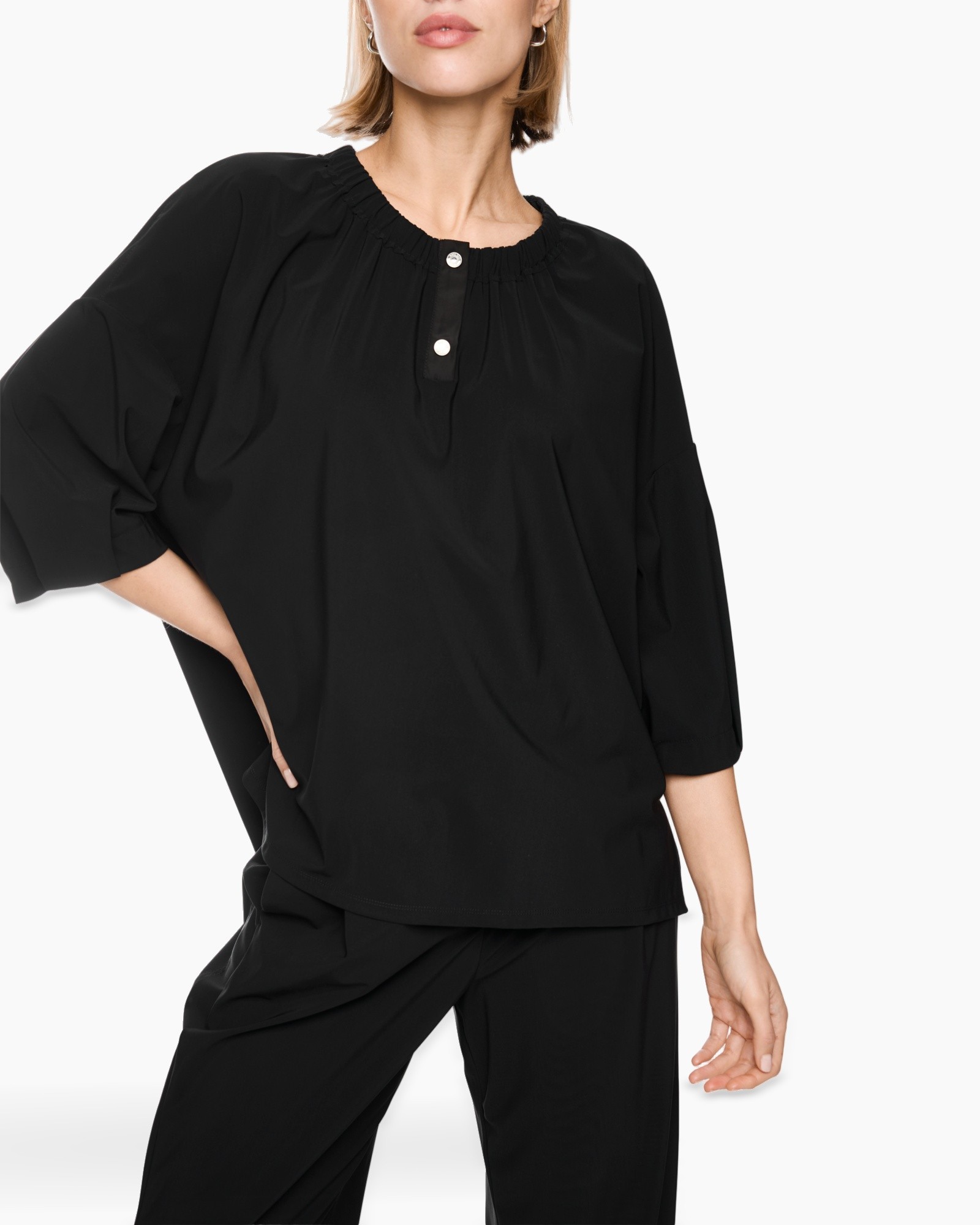 black blouse, pleated neckline, relaxed fit, three-quarter sleeves, button placket