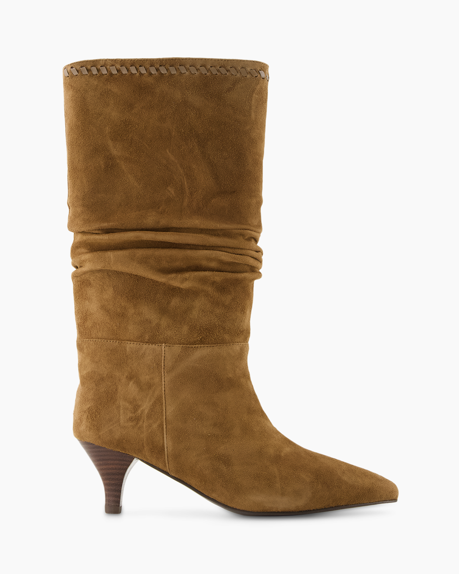 ankle boot, mid heel, suede, slouch boot, camel brown