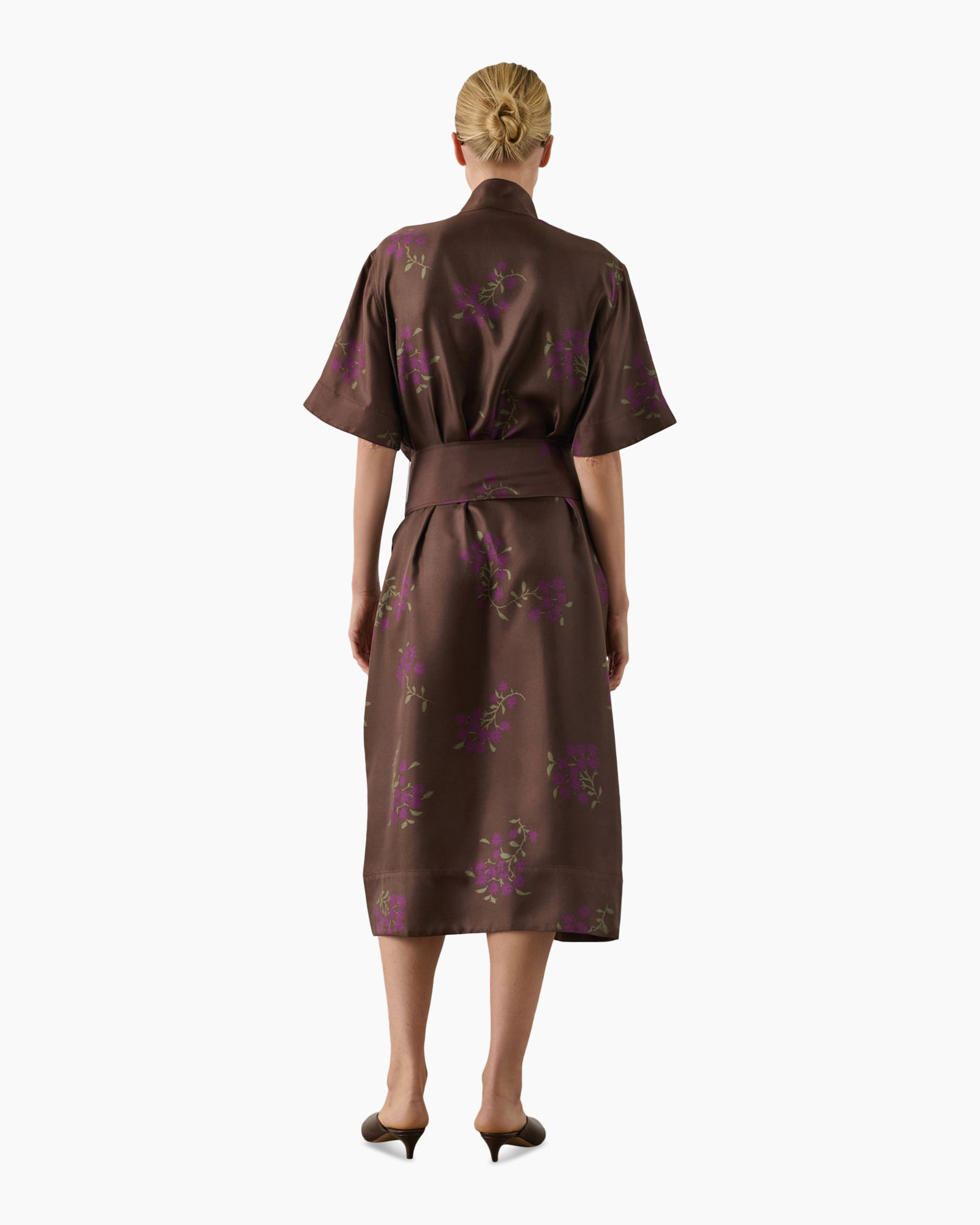 dress, linen, brown, floral, belted