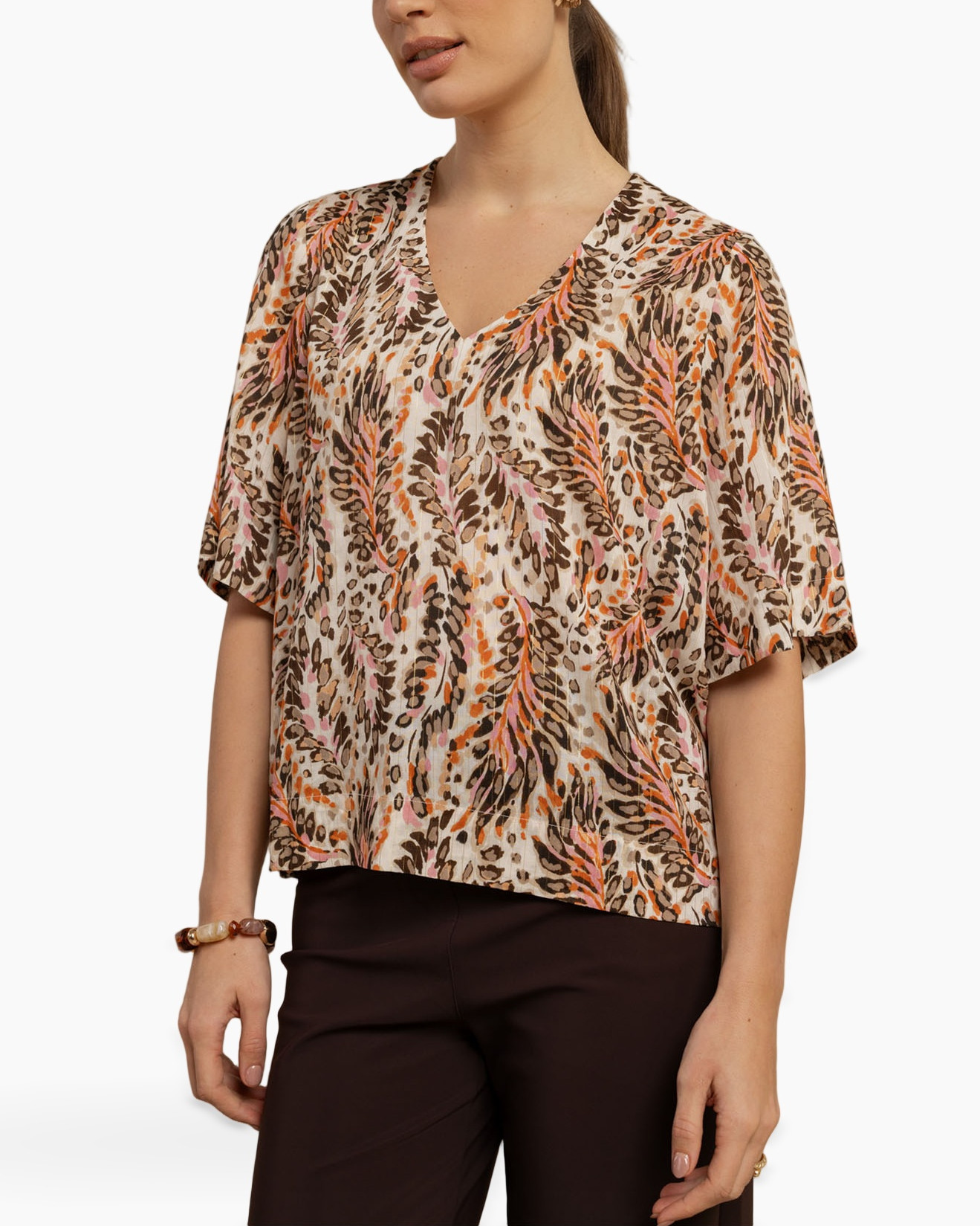 blouse, top, short sleeves, leaf print, beige brown
