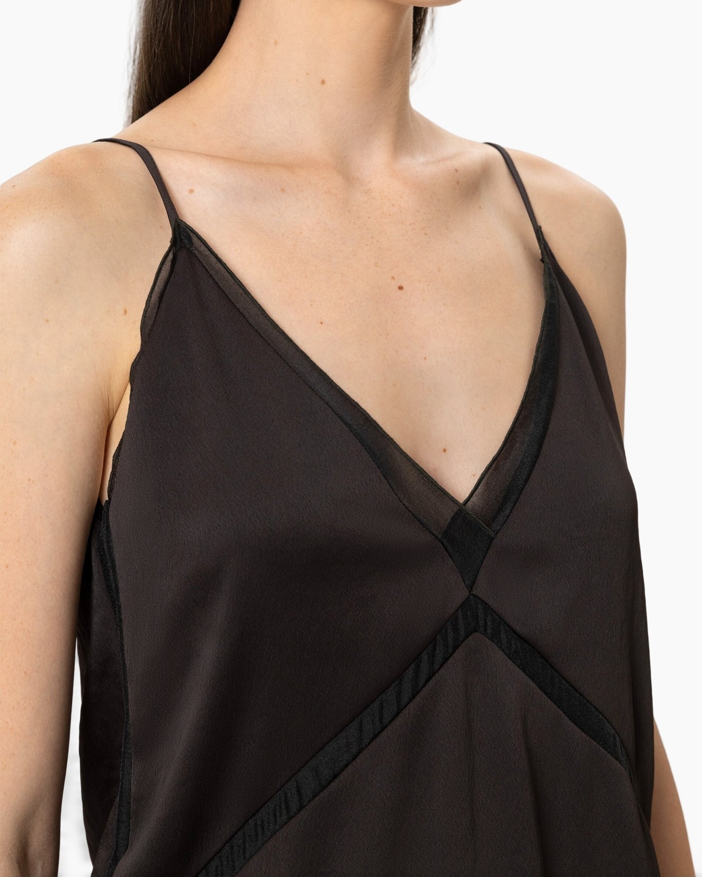 spaghetti straps, v-neck, black top, satin, wrapping seams