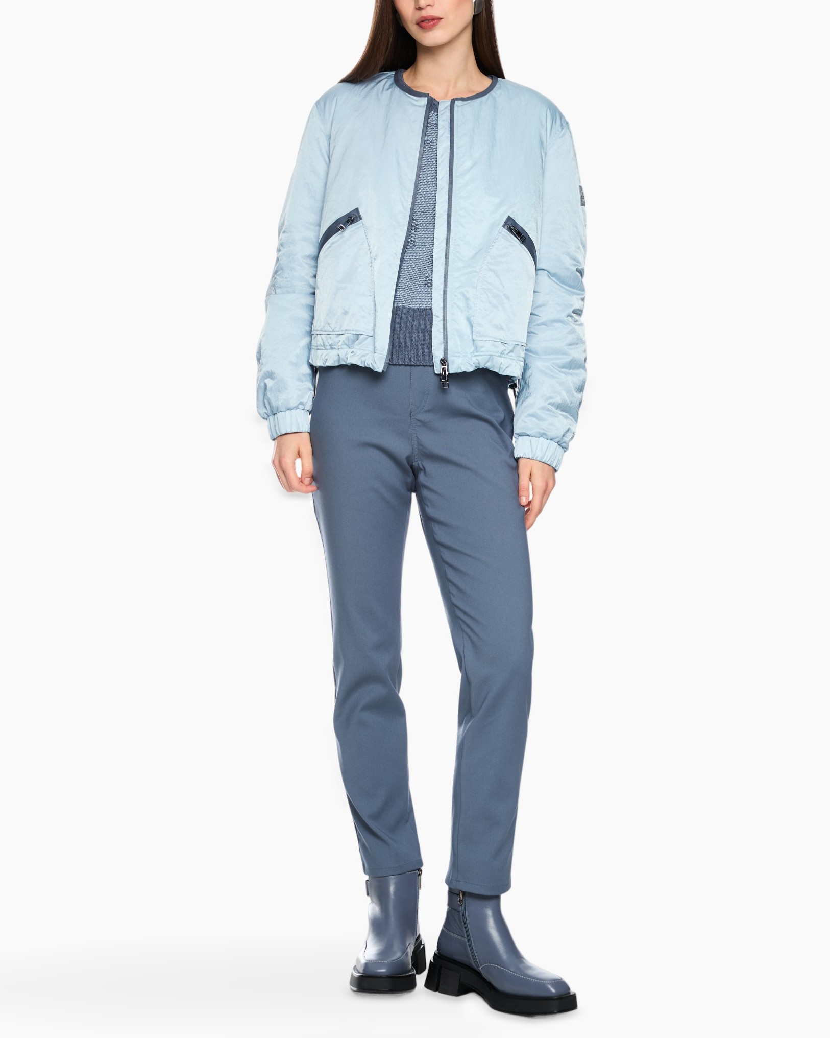light blue bomber jacket, padded jacket, zipper jacket, ribbed collar cuffs, blue pants boots set