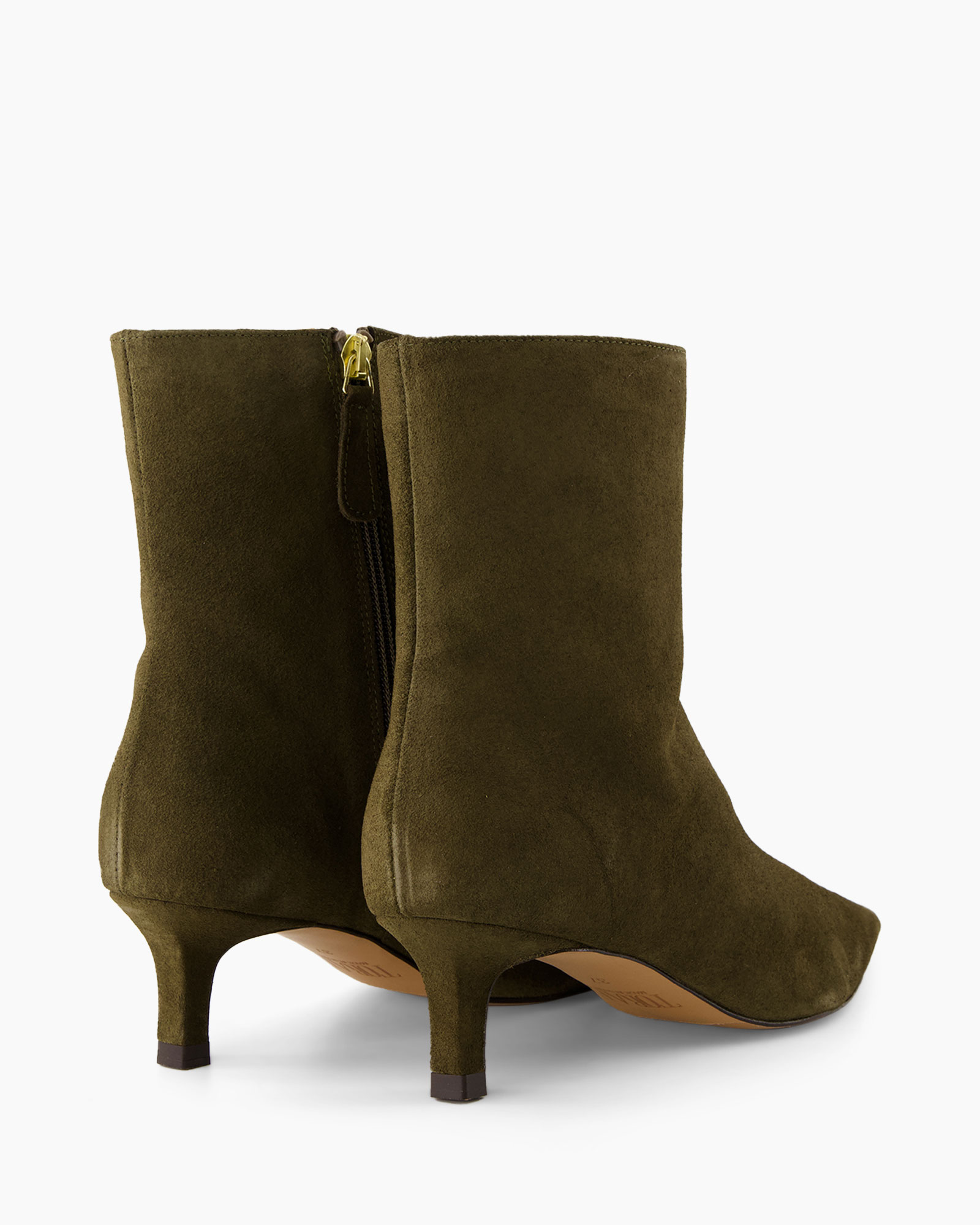 ankle boots, suede, olive green, zip back, mid heel