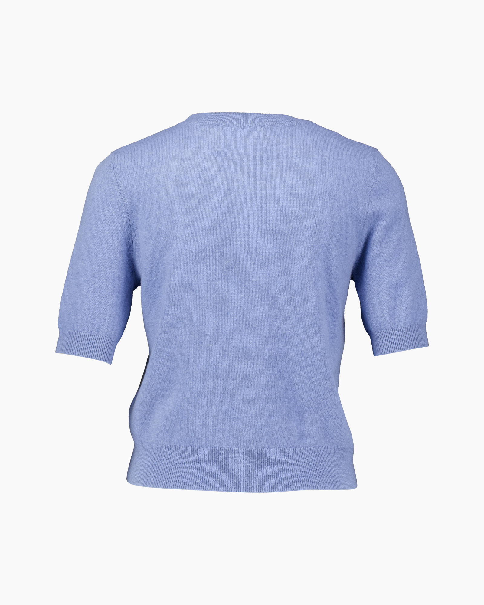 knit sweater, short sleeves, lavender, back view, ribbed hem