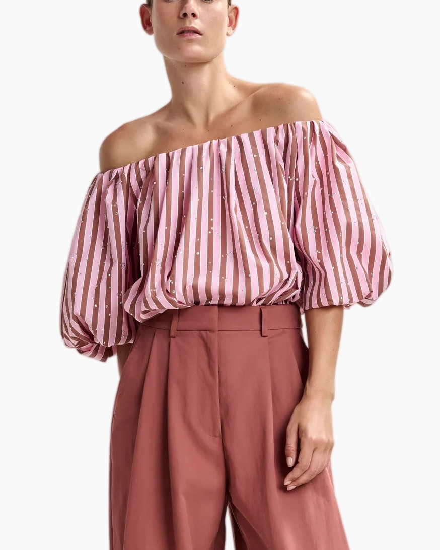 off-shoulder, pink striped top, pleated blouse, balloon sleeve, high-waisted pants