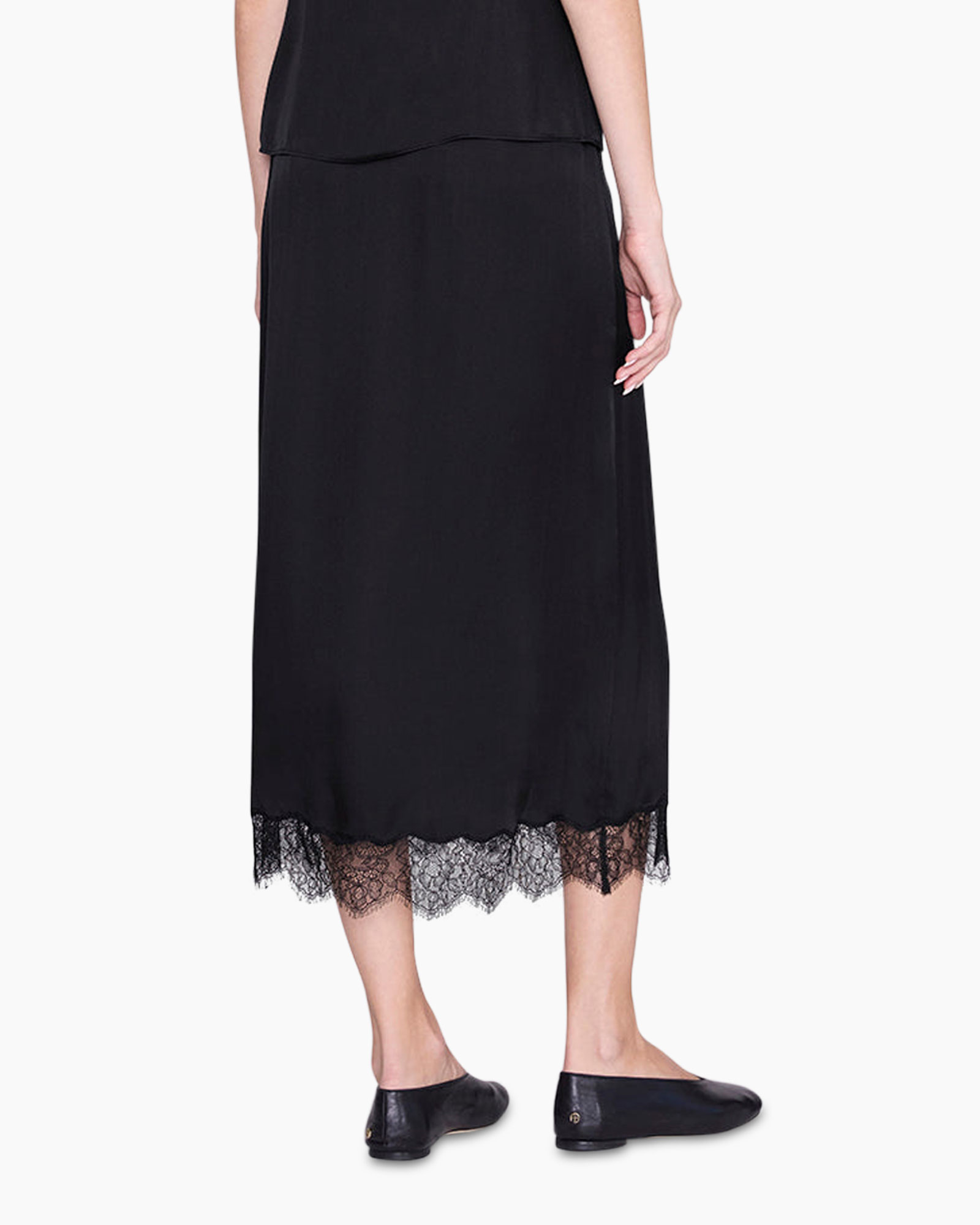 black, mid-length, lace hem, pocket clutch, flat shoes