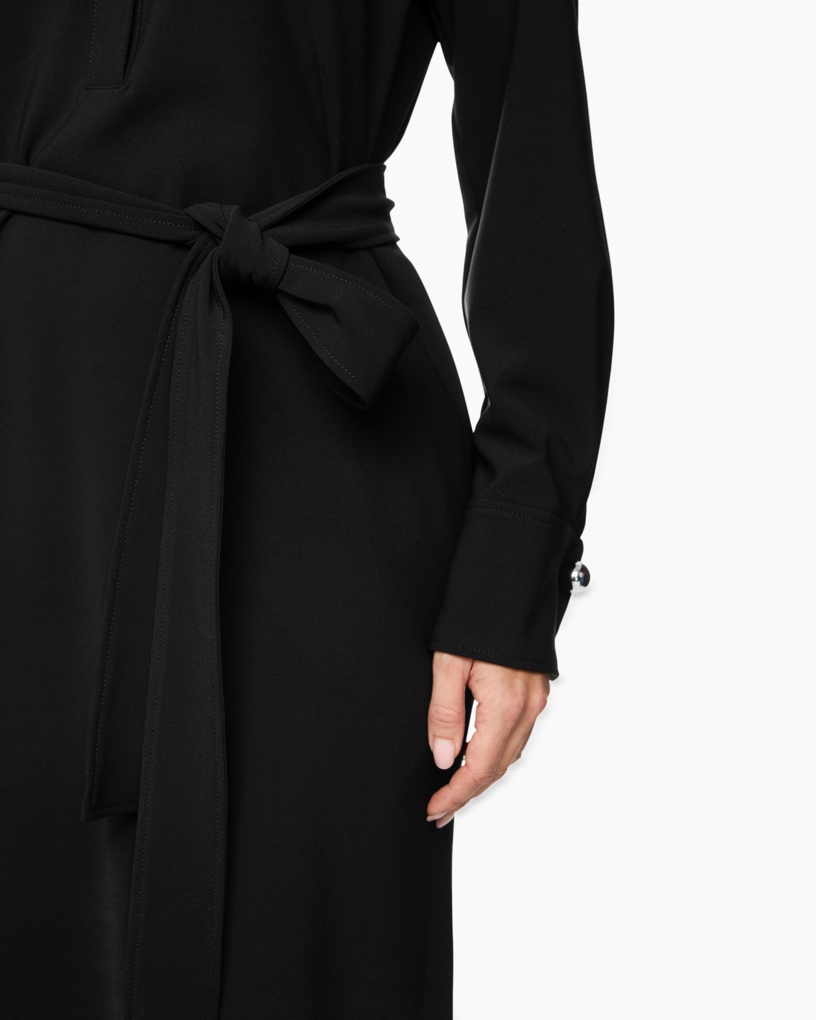 black, belt, wrap, dress, sleeve detail