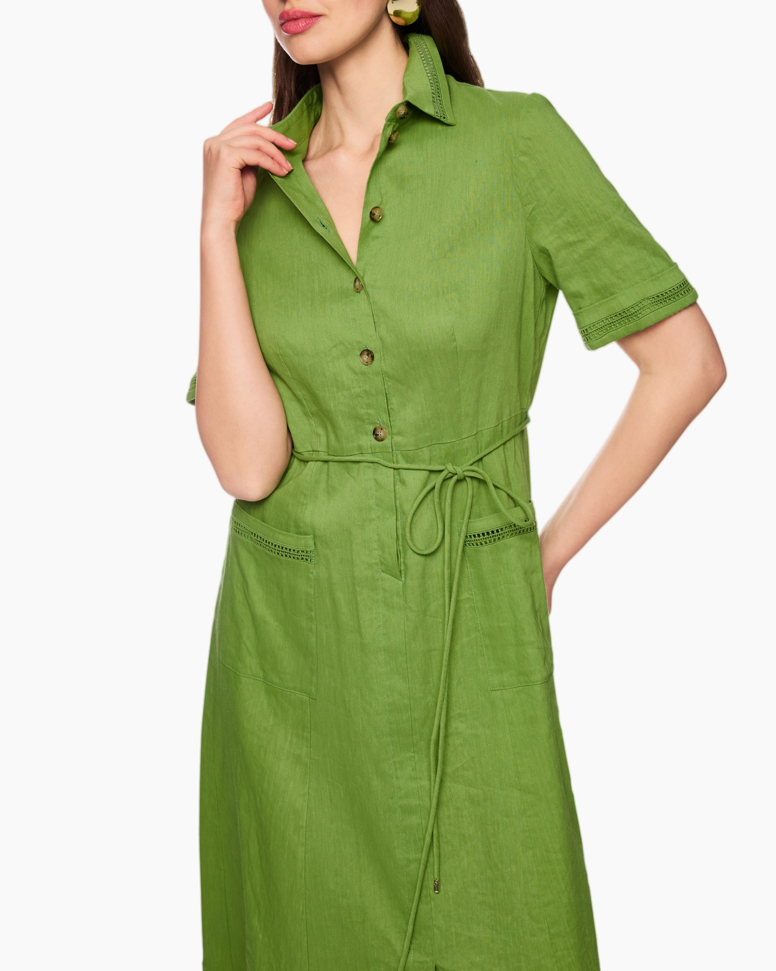 dress, linen, green, short-sleeve, waist-tie