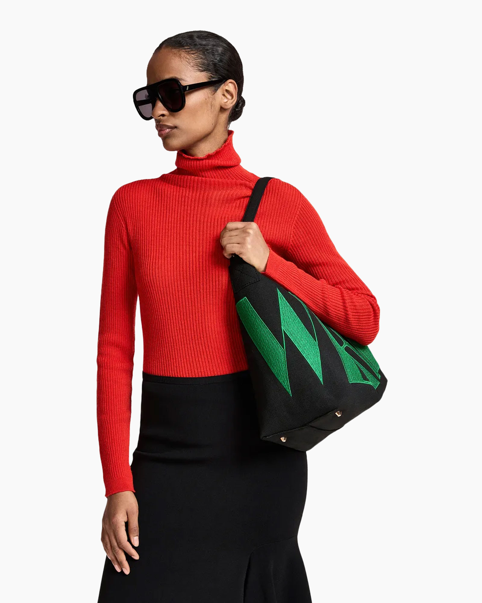 turtleneck, red, knit, sweater, bag