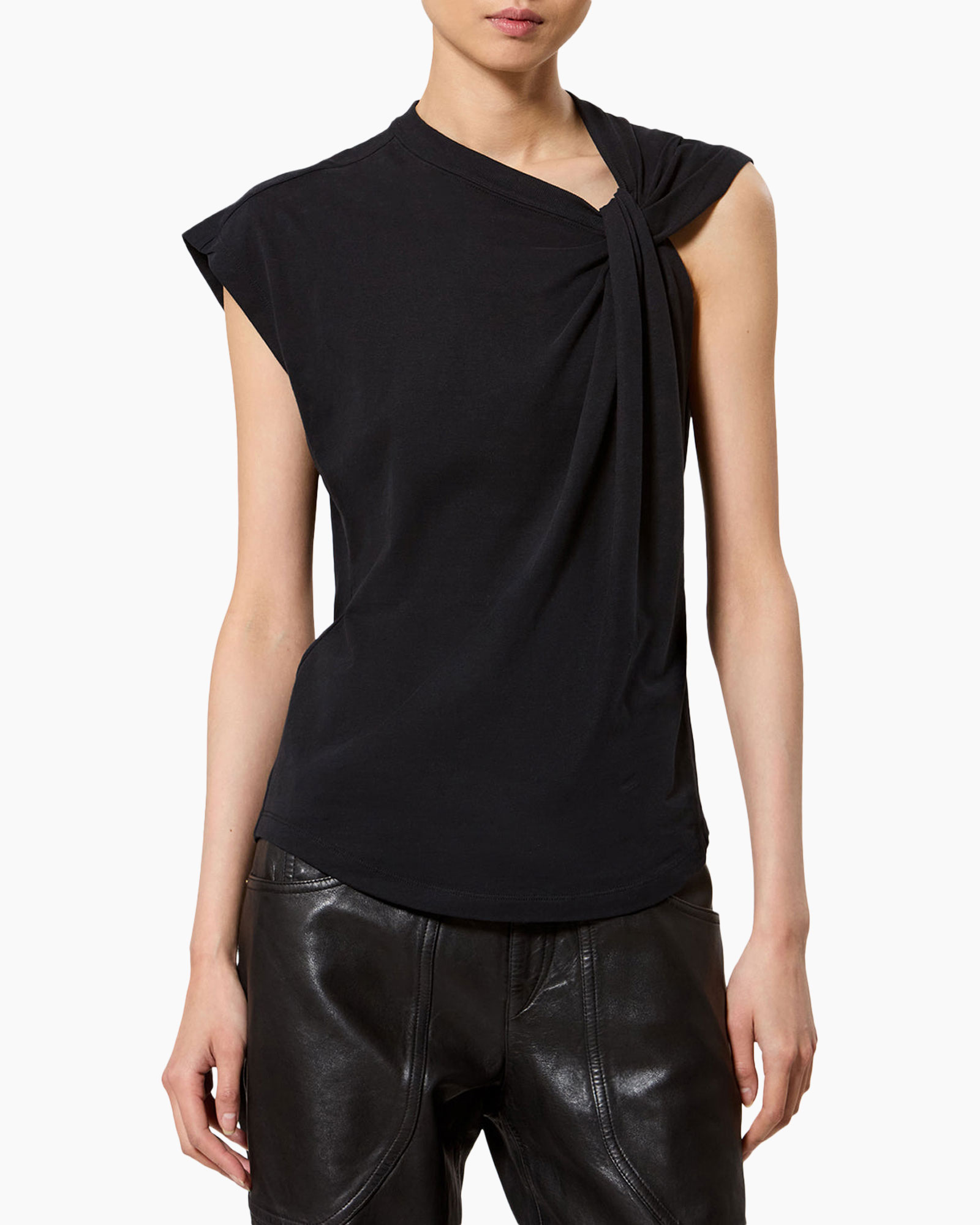 black top, twinset knot, sleeveless, crew neck, soft knit