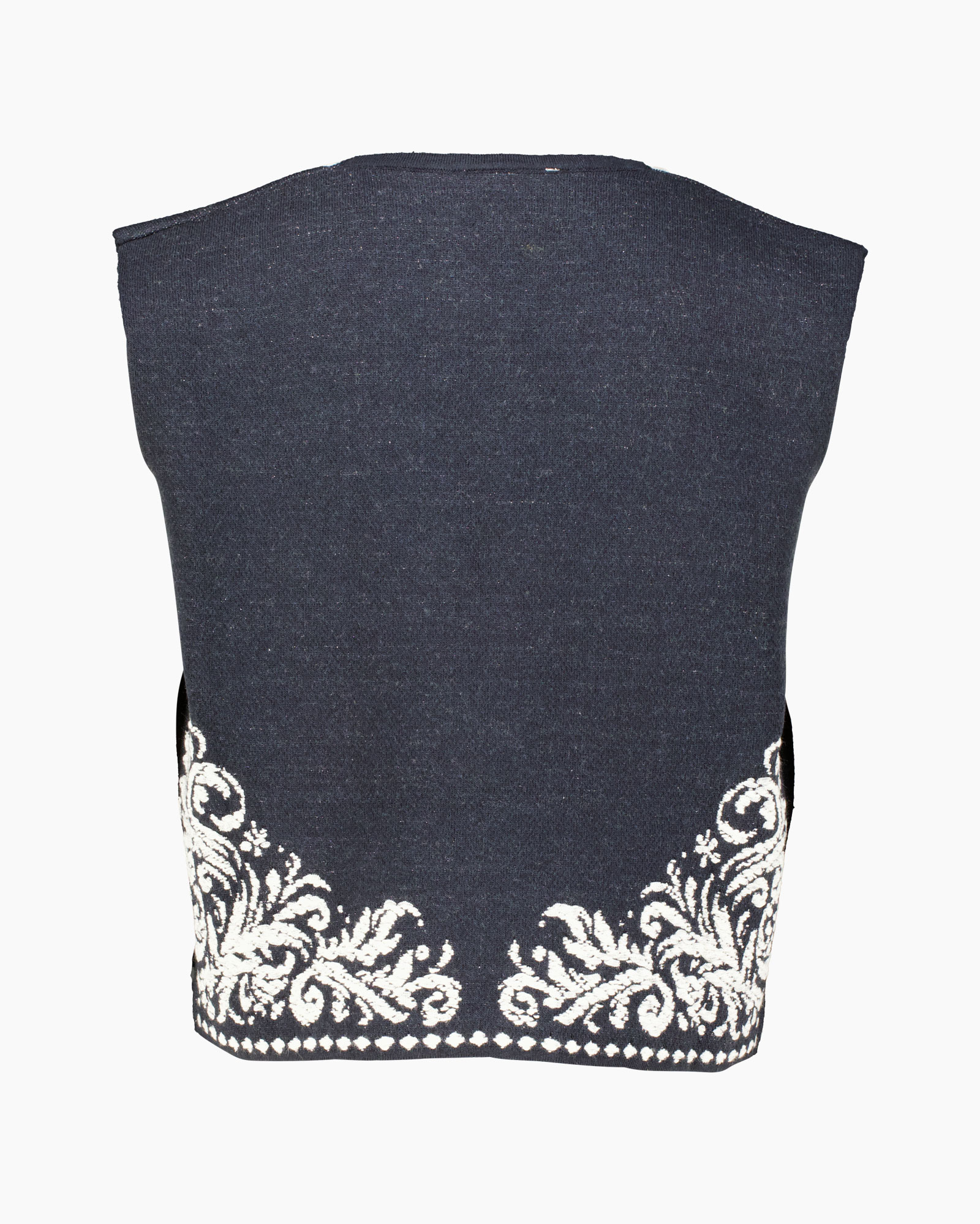 knit vest, back, embroidery, white floral pattern, navy blue
