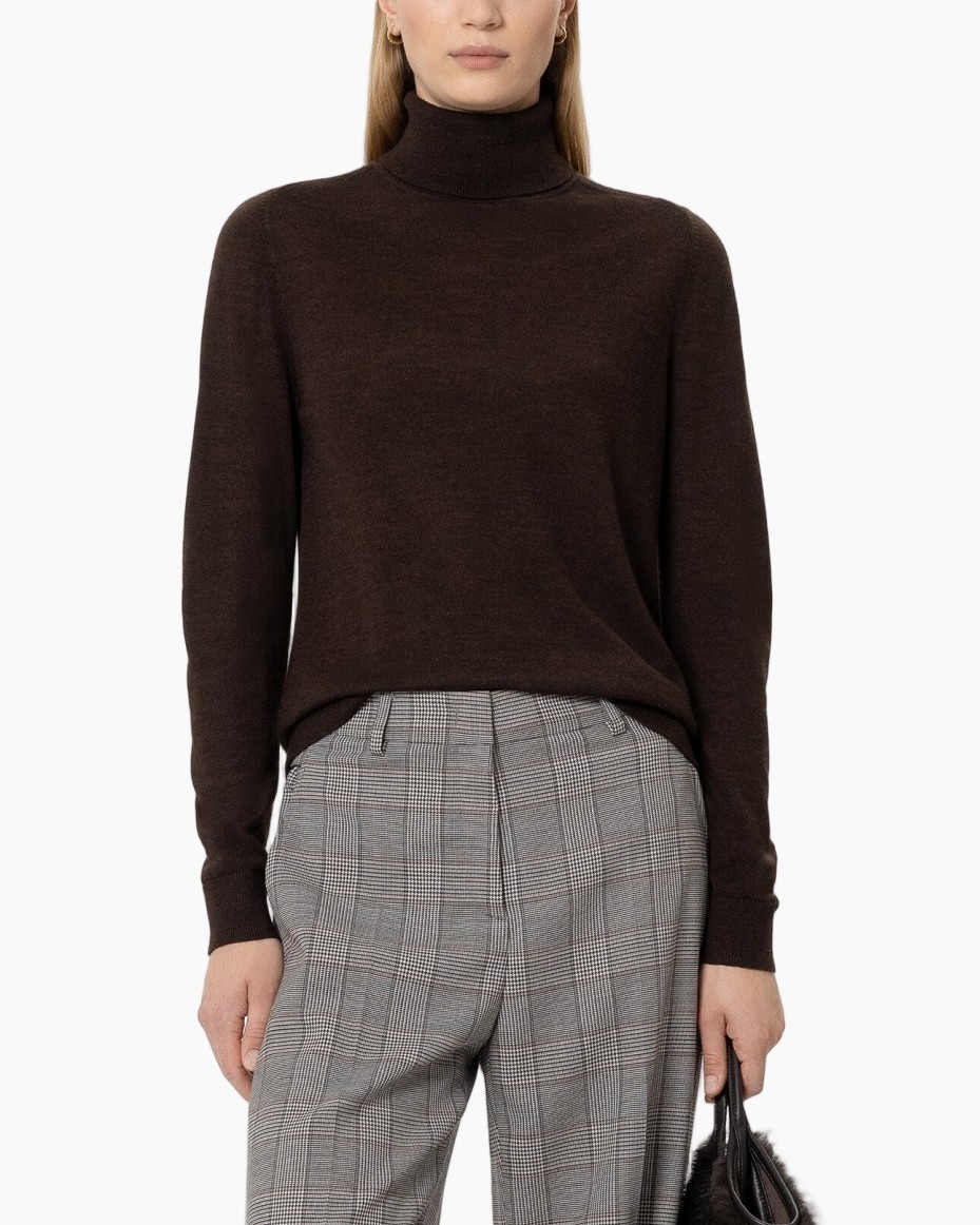 turtleneck, dark-brown, knitwear, plaid-trousers, grey-plaid