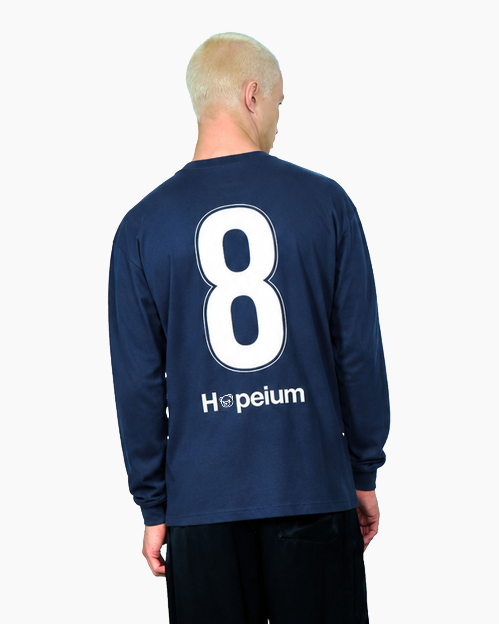 long-sleeve, navy, number 8, backprint, text logo
