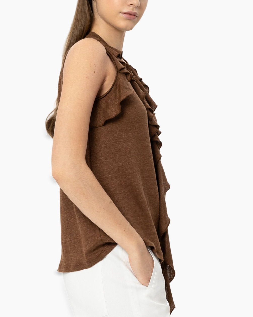 brown top, sleeveless, ruffle detail, tank top, women's blouse