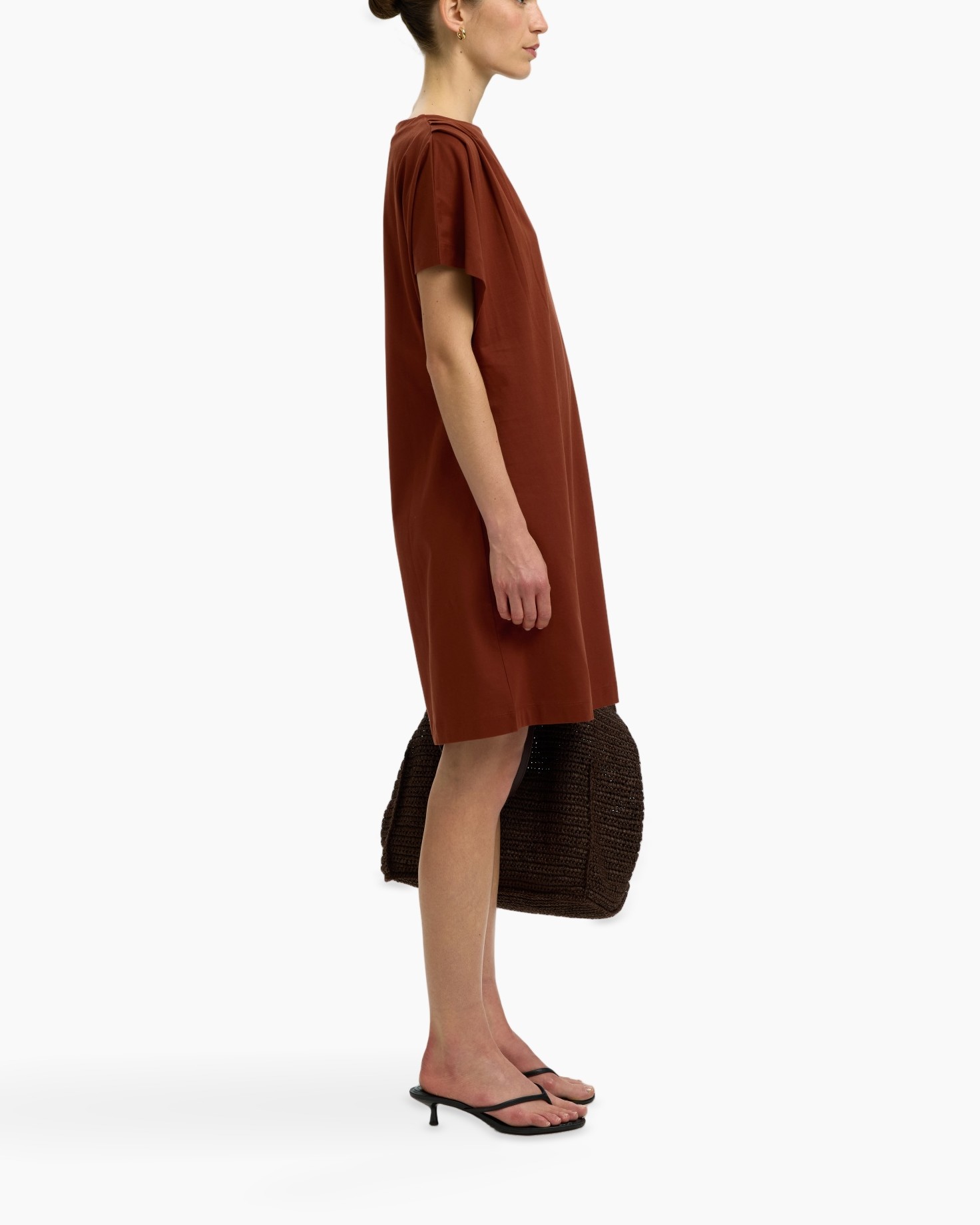 dress, short-sleeve, rust, brown, knee-length