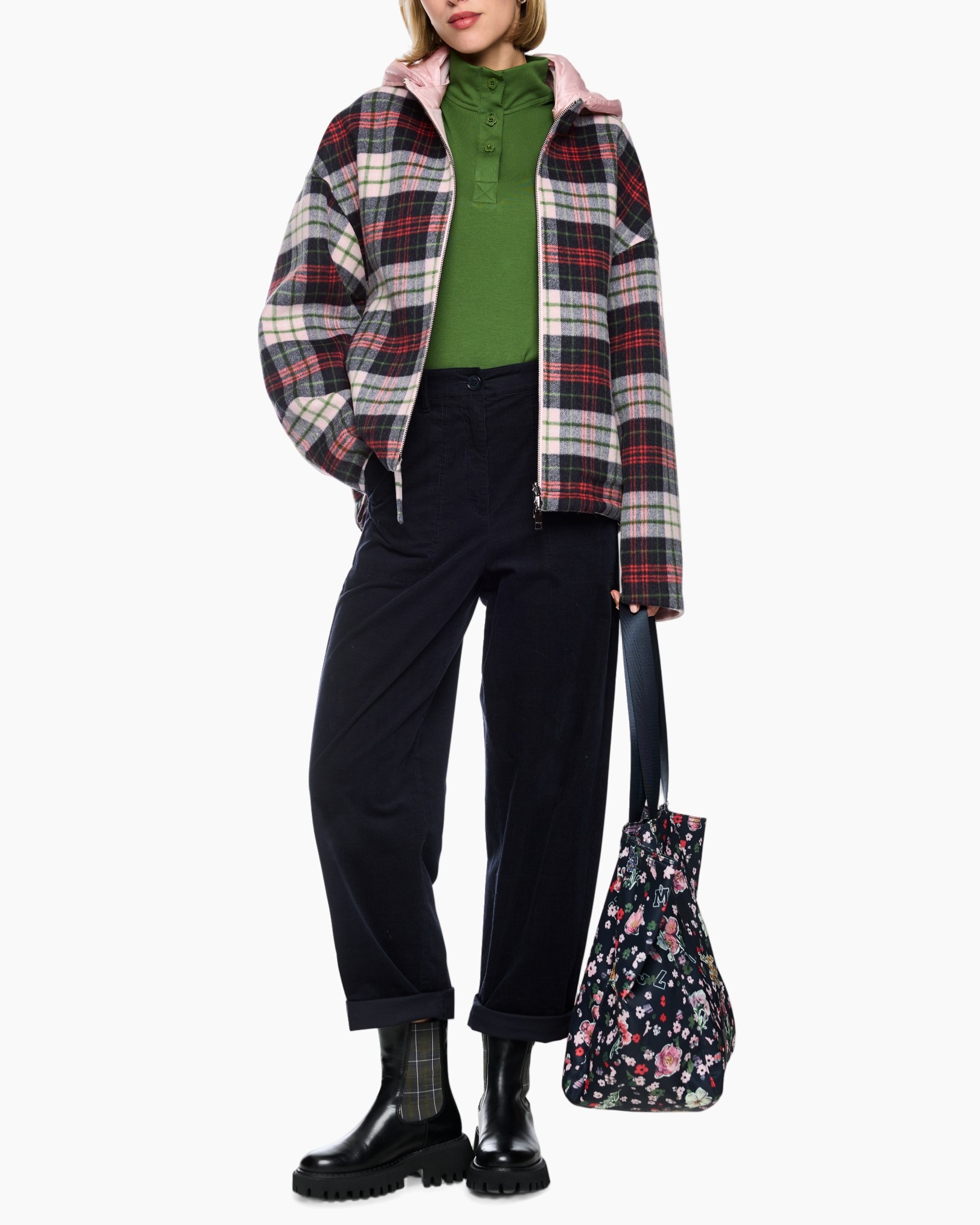 plaid jacket, puffer jacket, green polo, dark wide-leg pants, floral tote bag