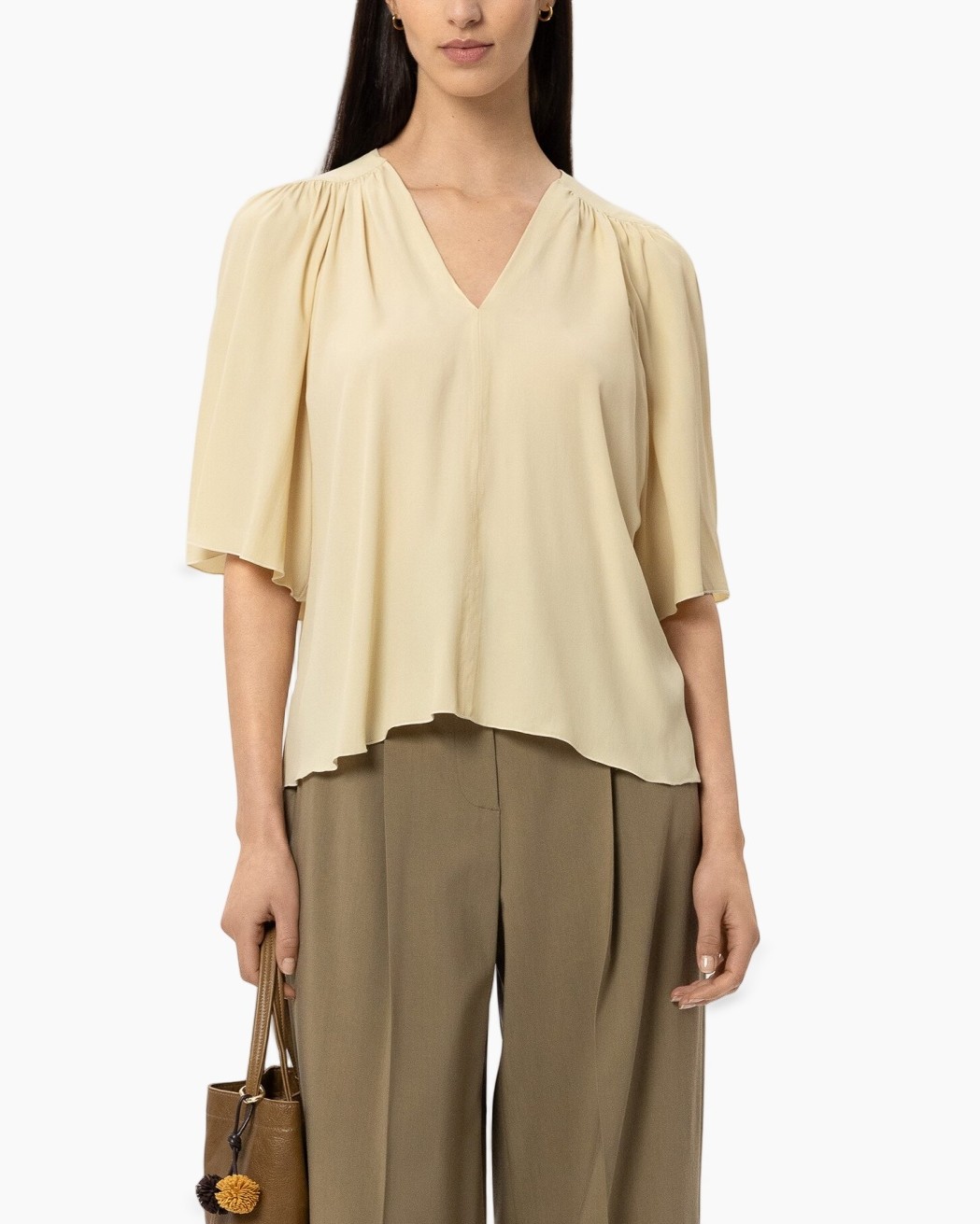 blouse, v-neck, short sleeves, cream, flowy