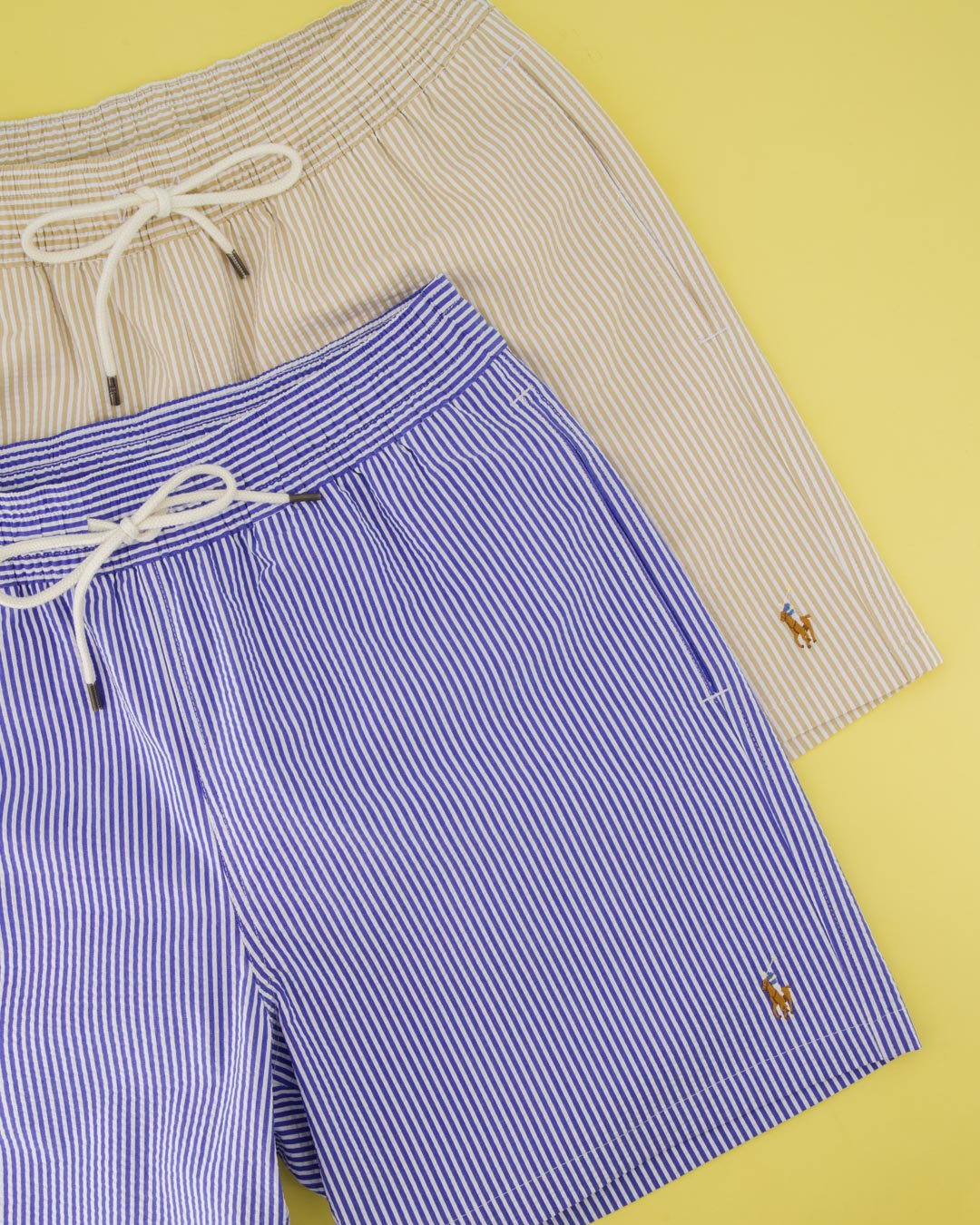 striped shorts, drawstring, blue, beige, polo pony logo