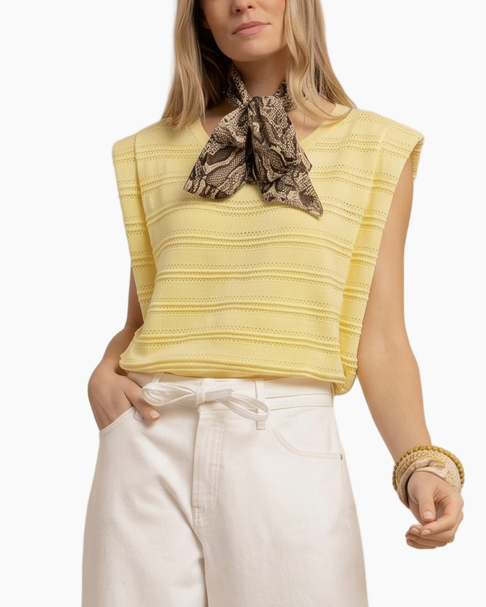 yellow top, sleeveless knit, scarf necktie, textured stripe, casual blouse