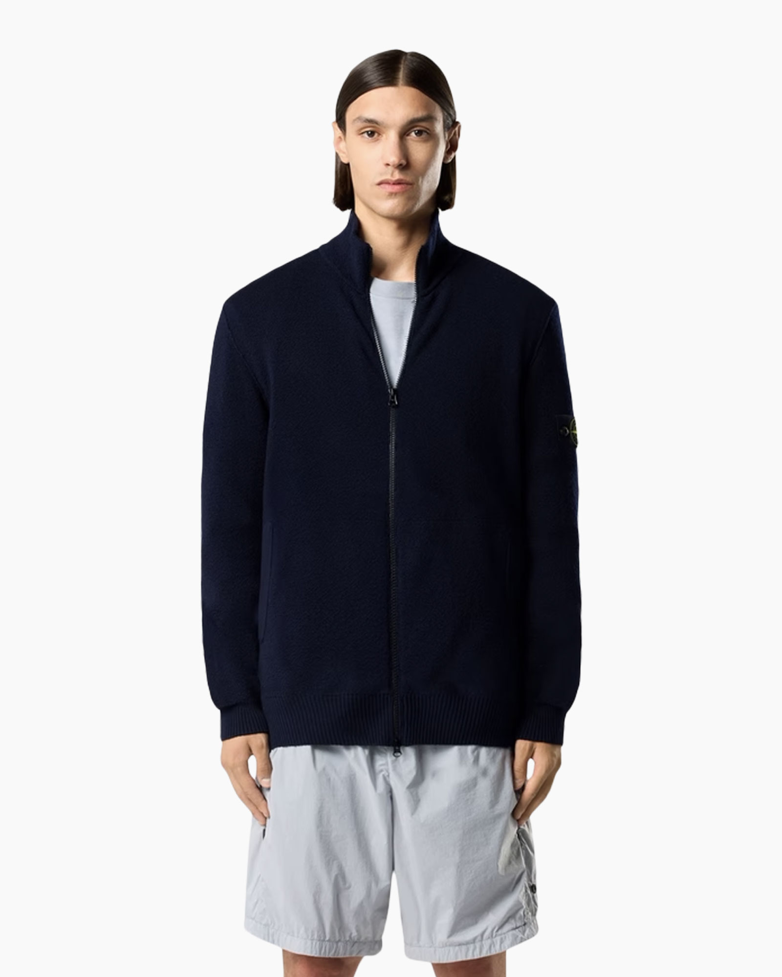 zip-up, navy cardigan, knit jacket, long-sleeve, solid color