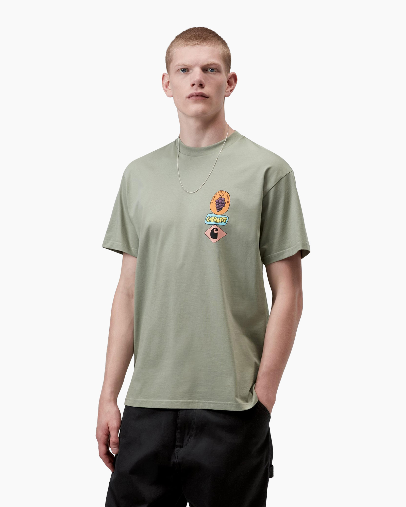 t-shirt, short sleeve, olive green, graphic patch, round neck