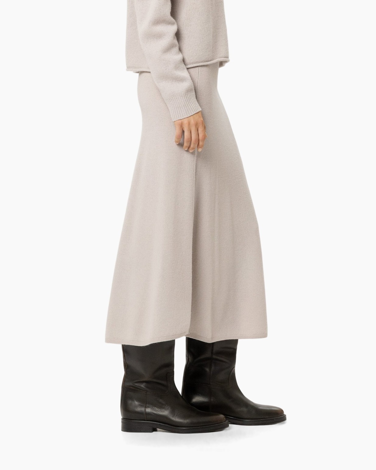 ankle boots, black boots, mid-calf boots, soft beige skirt, knit sweater set