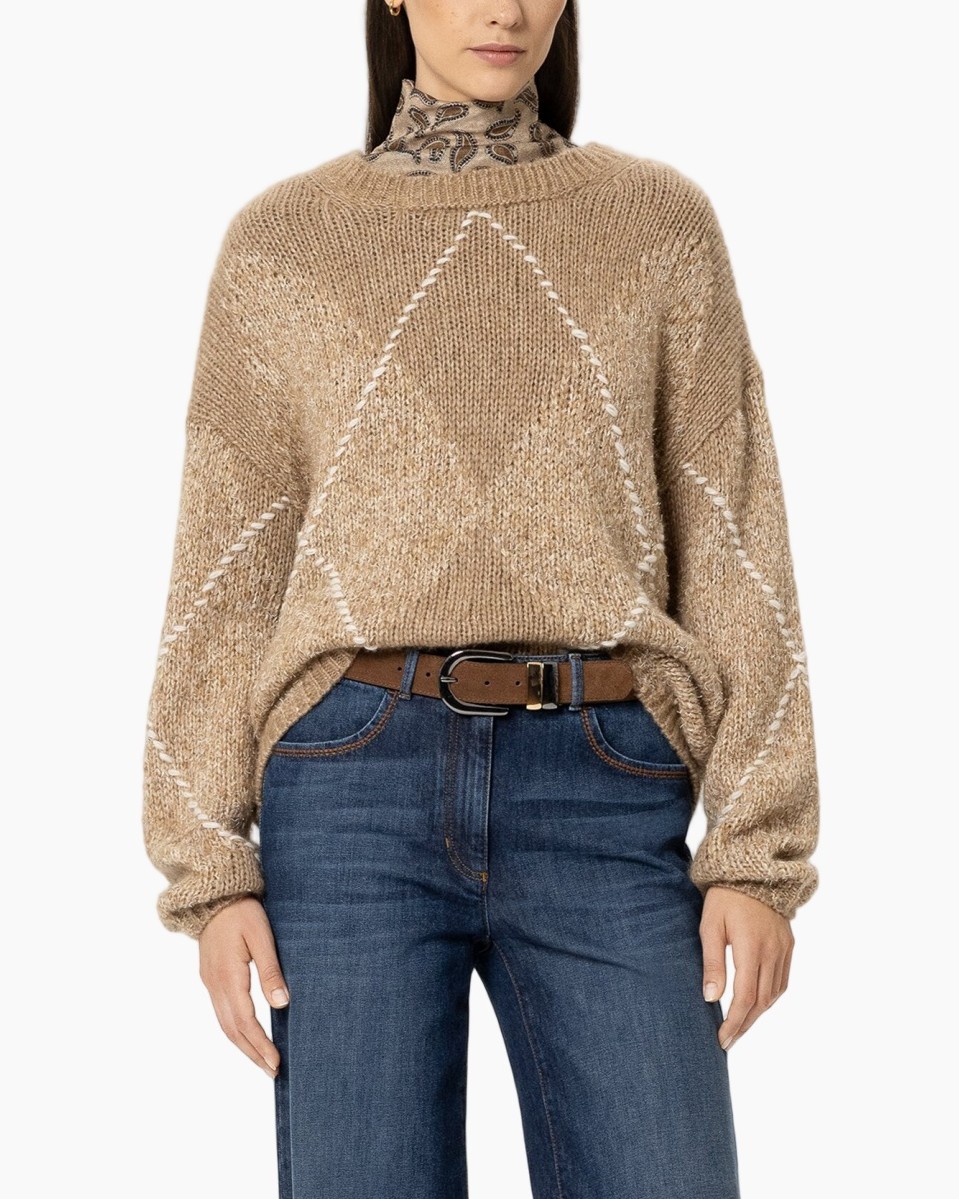 knit sweater, turtleneck, argyle pattern, beige, loose fit