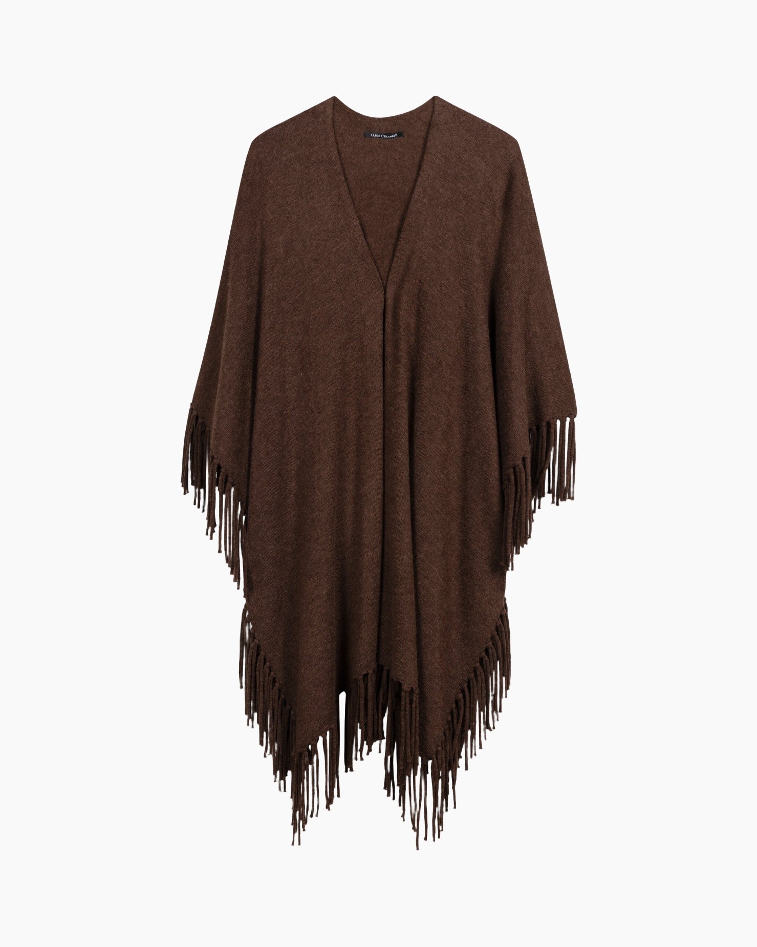 poncho, fringe, knit, brown, cardigan