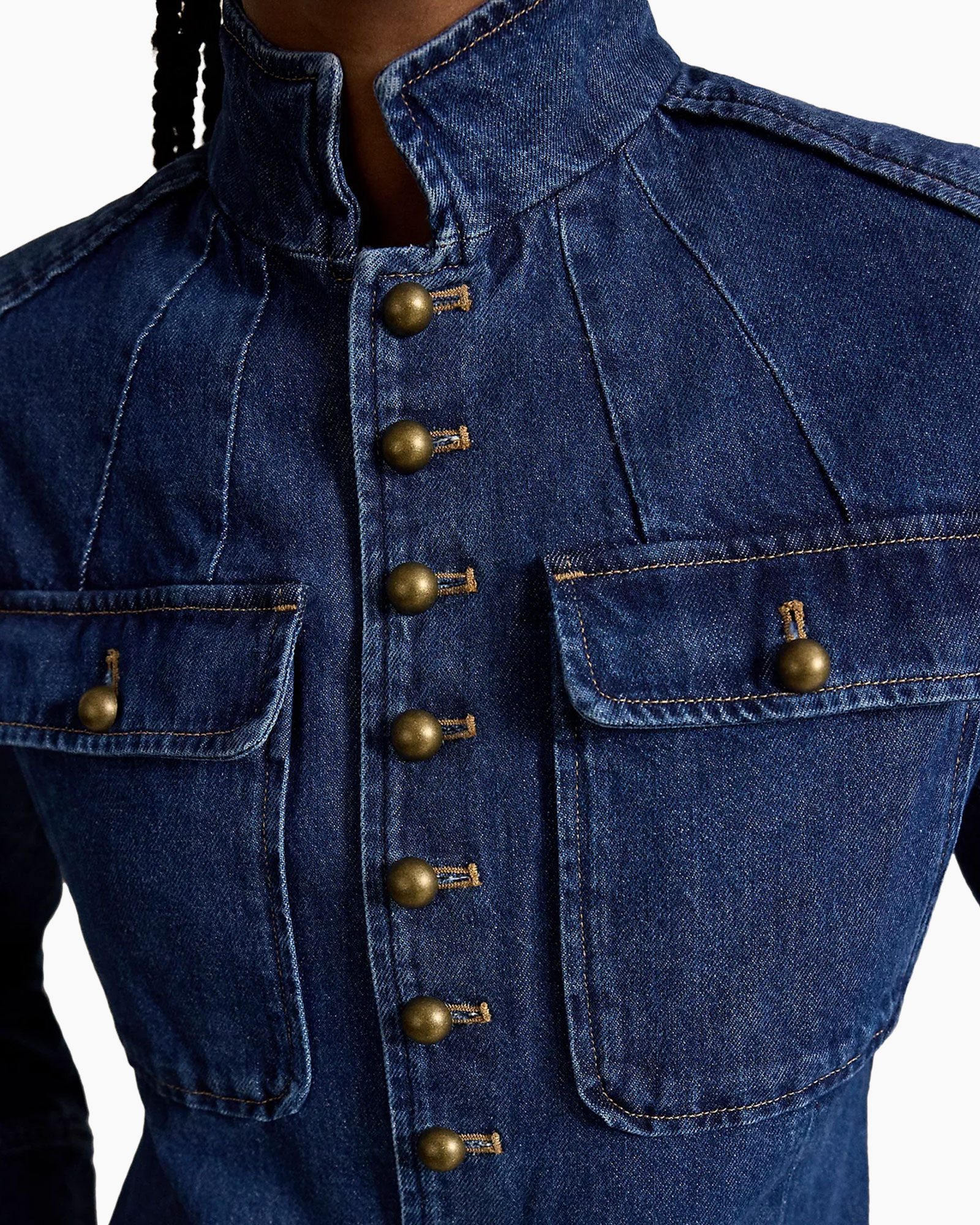 denim, jacket, buttoned, pocket, high collar