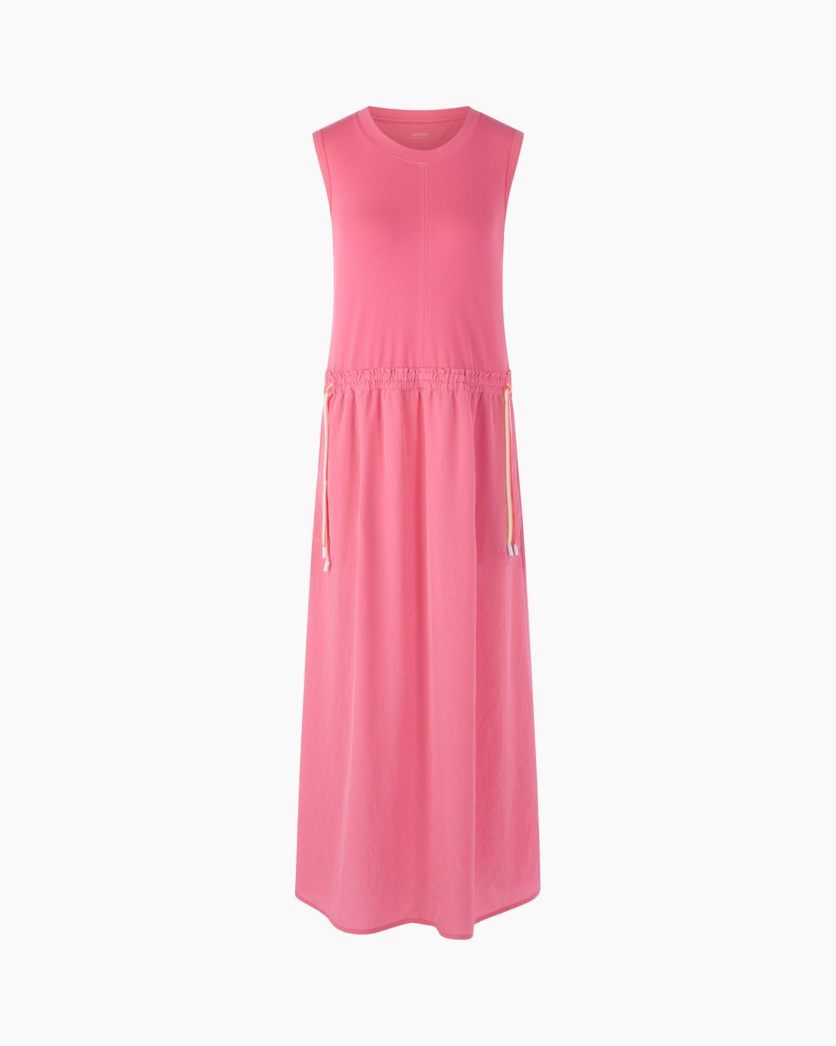 pink, sleeveless, maxi dress, drawstring waist, solid color