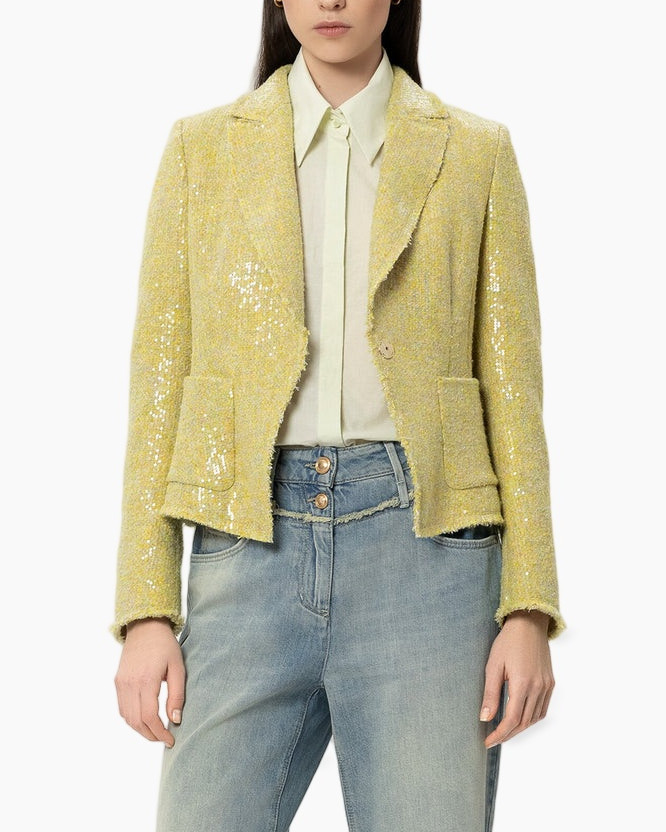 yellow blazer, sequined blazer, tweed blazer, double-breasted, jeans